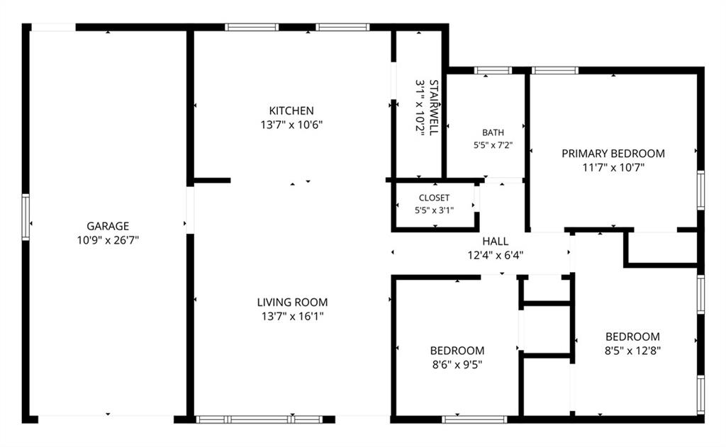 Floor plan showing a garage, kitchen, living room, three bedrooms, bathroom, closet, hall, and stairwell.