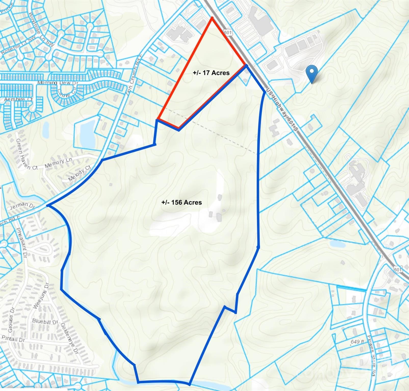 Map outlining approximately 17 acres in red beside a 156-acre tract outlined in blue.