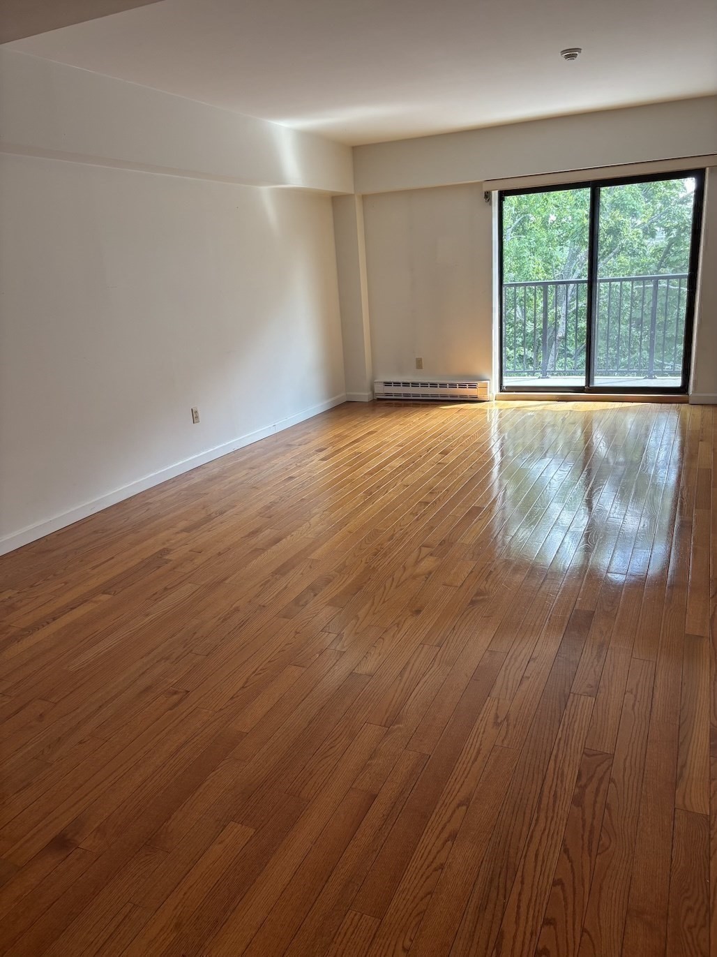 Empty living room with polished hardwood floors and a sliding glass door to a tree-lined balcony.