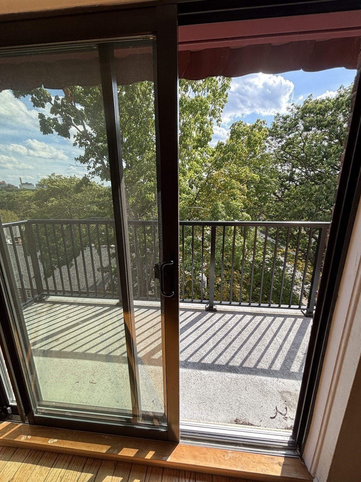 Balcony with a black metal railing and leafy tree views, seen through a sliding glass door.