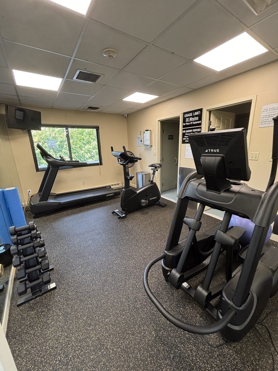 Fitness room with treadmills, a stationary bike, and dumbbells beside a window.
