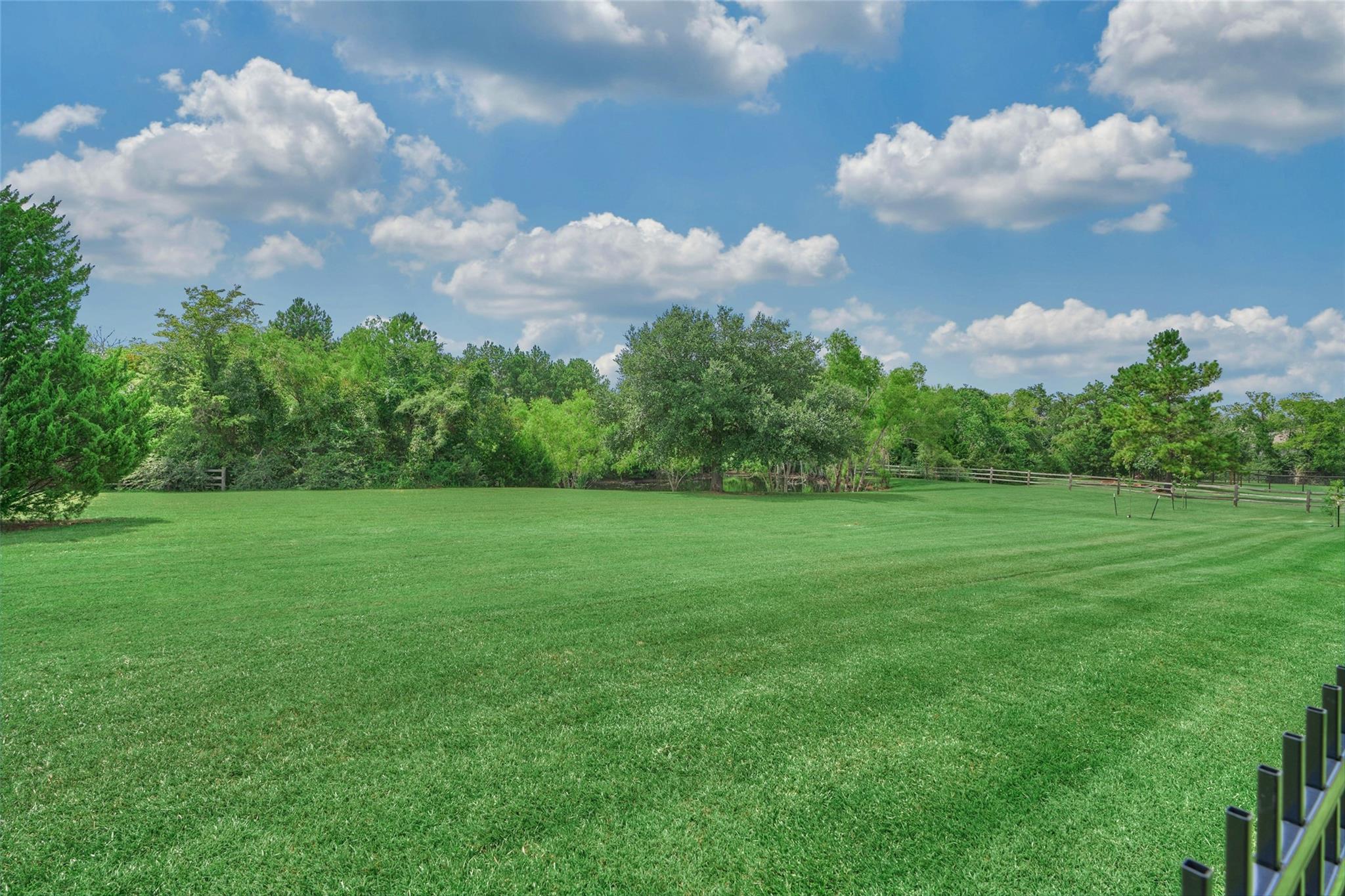 Expansive mowed lawn bordered by mature trees and a wooden fence.