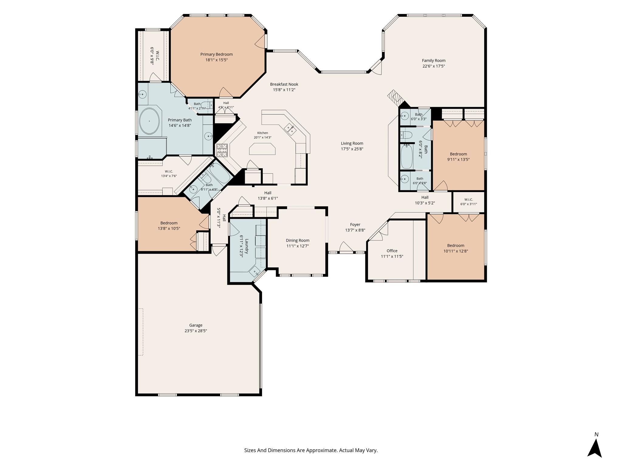 Floor plan showing four bedrooms, three bathrooms, open living areas, an office, laundry room, and garage.