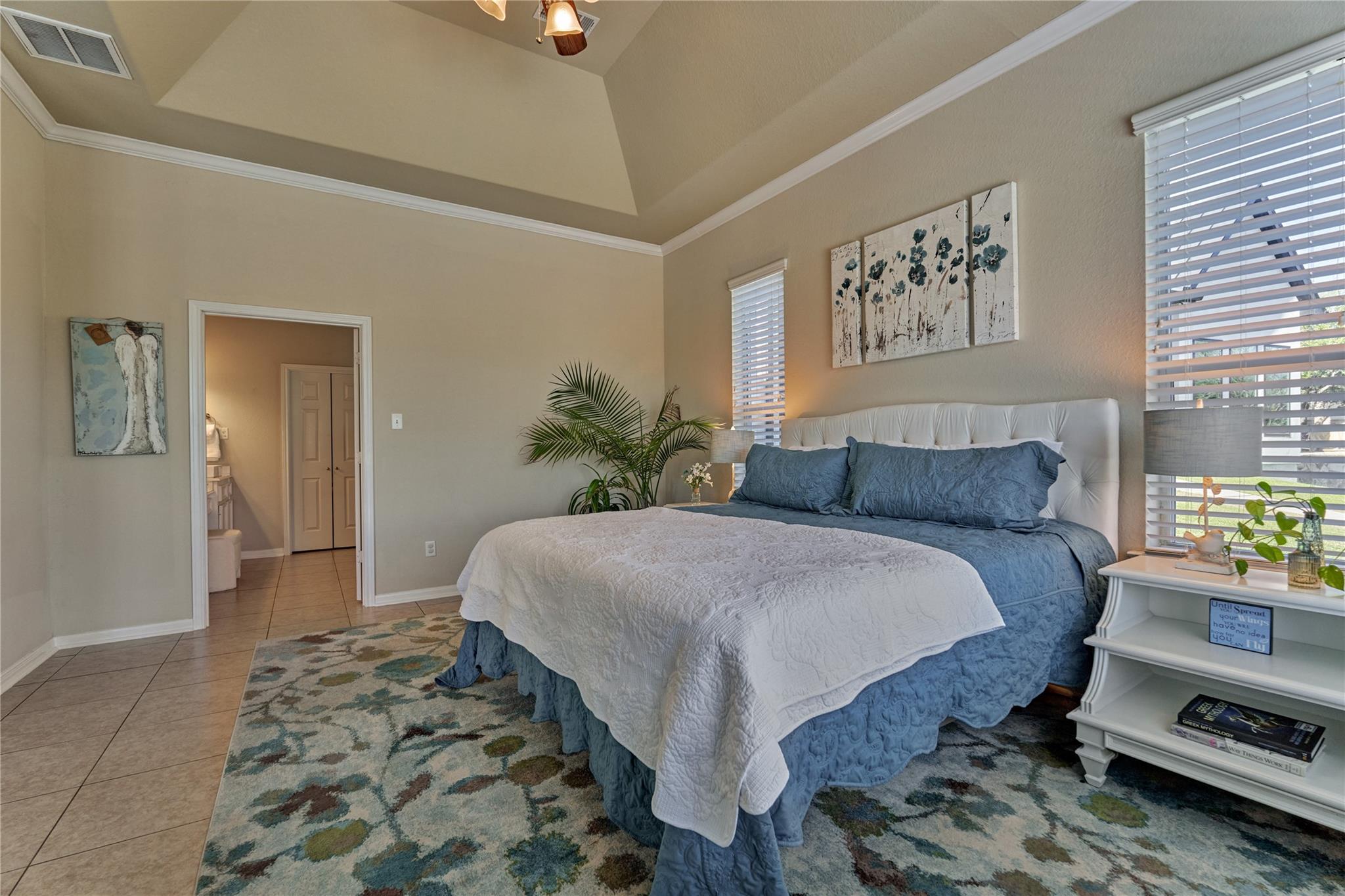 Bedroom with a vaulted ceiling, blue-and-white bedding, and a large patterned rug.