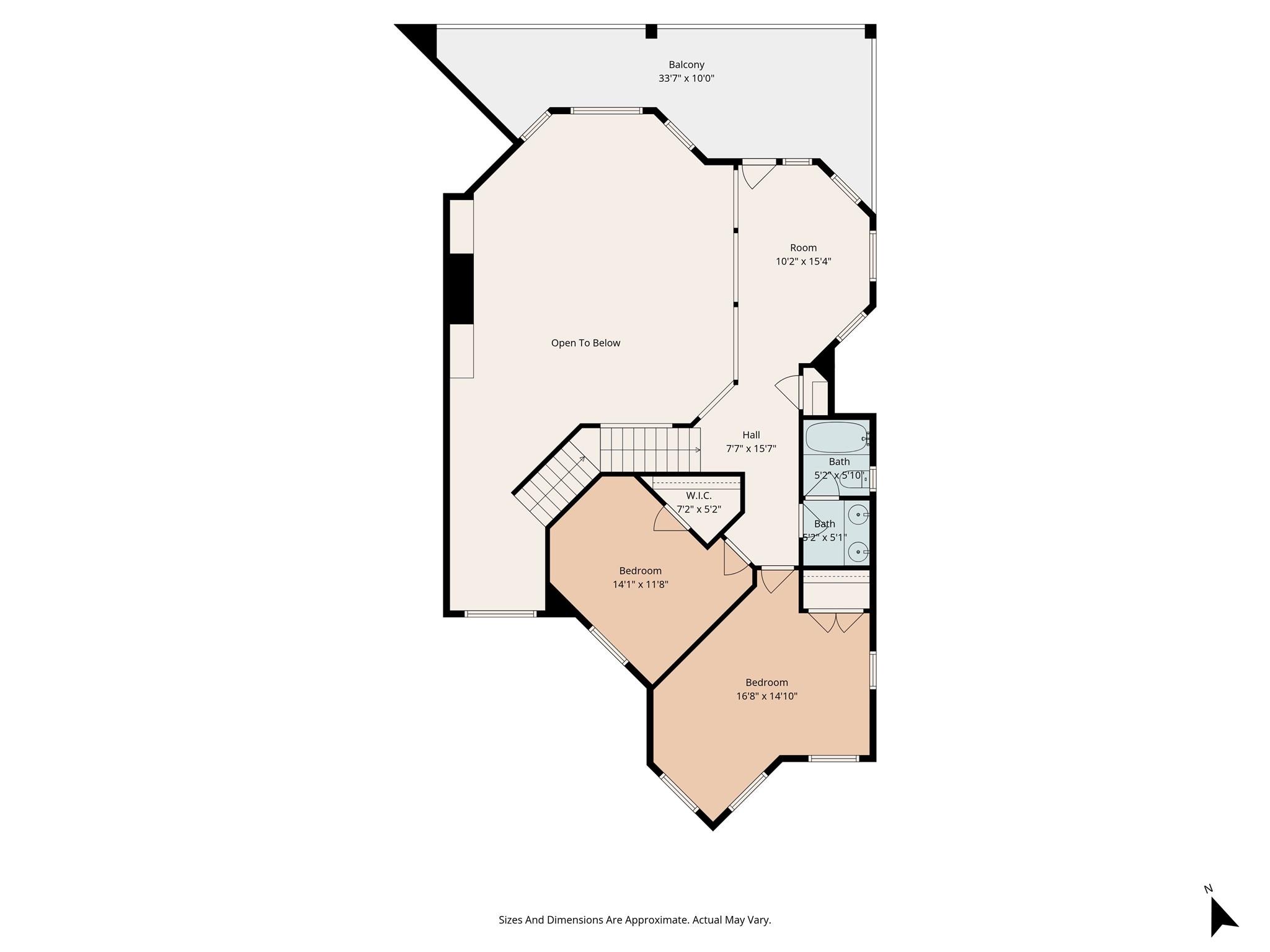 Upper-level floor plan with two bedrooms, two baths, a balcony, and an open-to-below area.