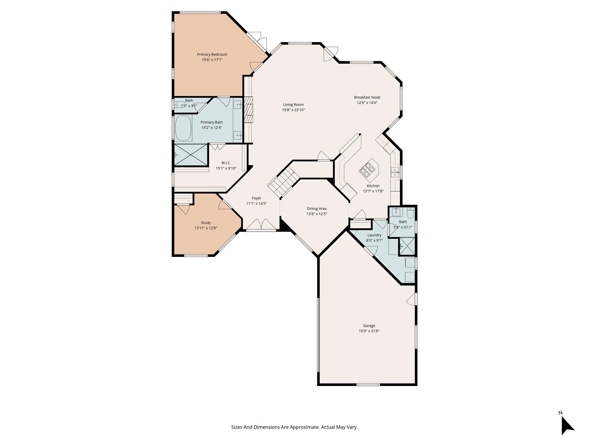 Floor plan showing the home’s rooms, including a study, breakfast nook, primary suite, and garage.