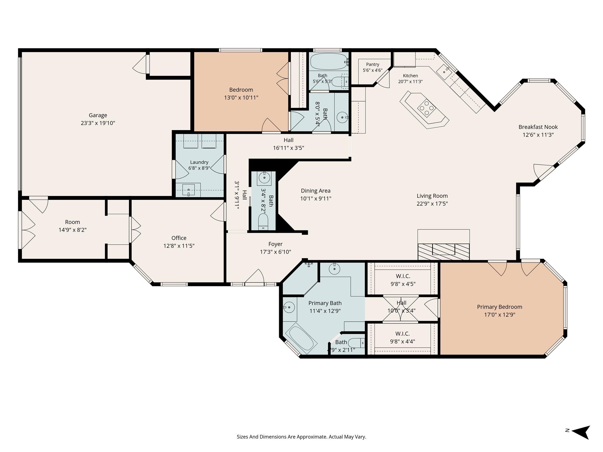 Floor plan with labeled rooms, dimensions, a large living area, three bedrooms, office, and garage.