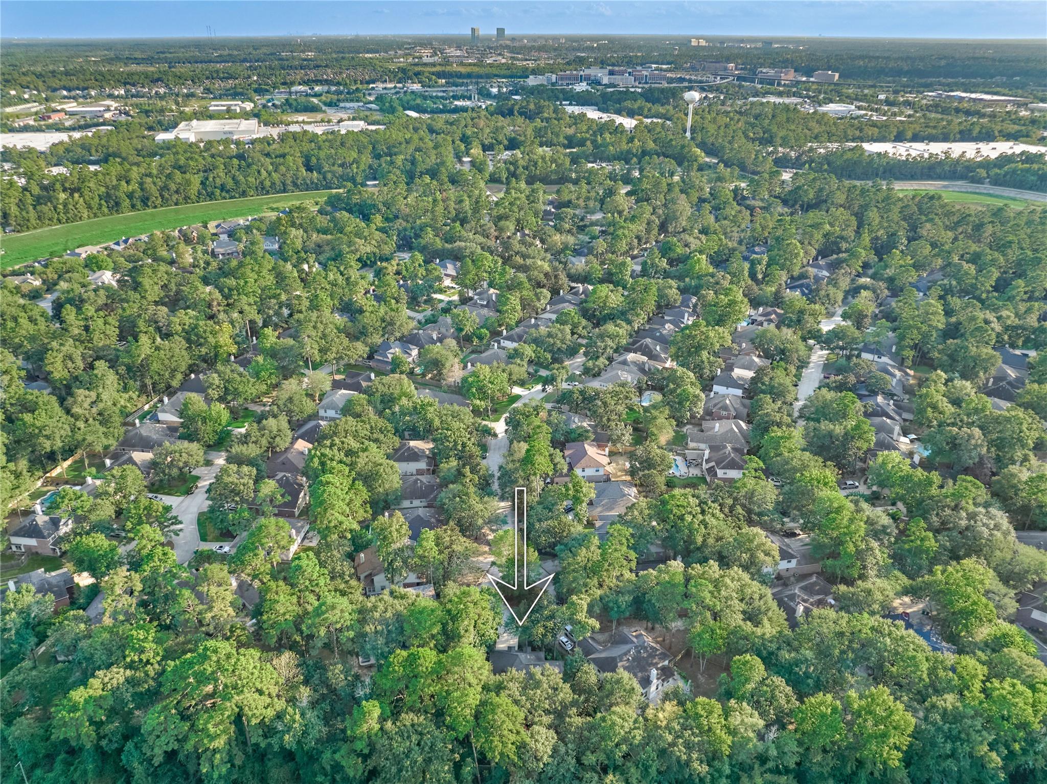 Aerial view of a tree-filled neighborhood, with a white arrow pointing to the property.