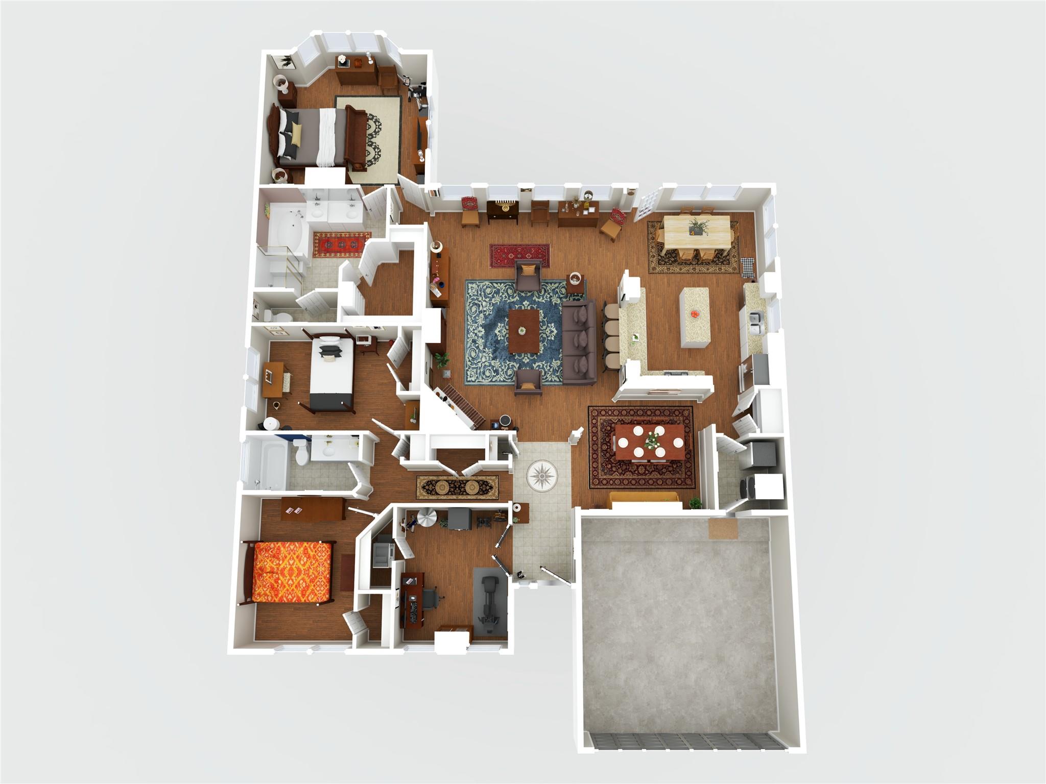3D floor plan showing furnished rooms, a central living area, kitchen, office, and attached garage.