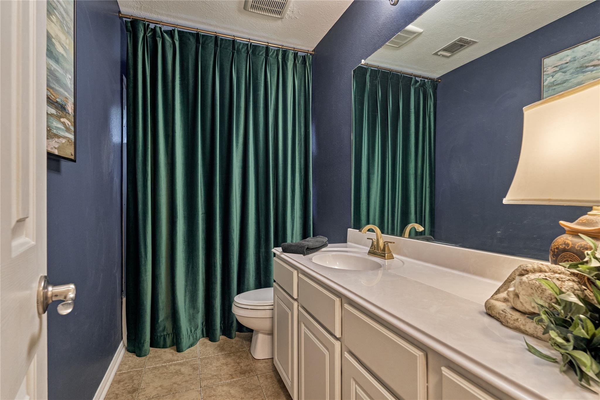 Bathroom with a white vanity, large mirror, and green shower curtain against dark blue walls.