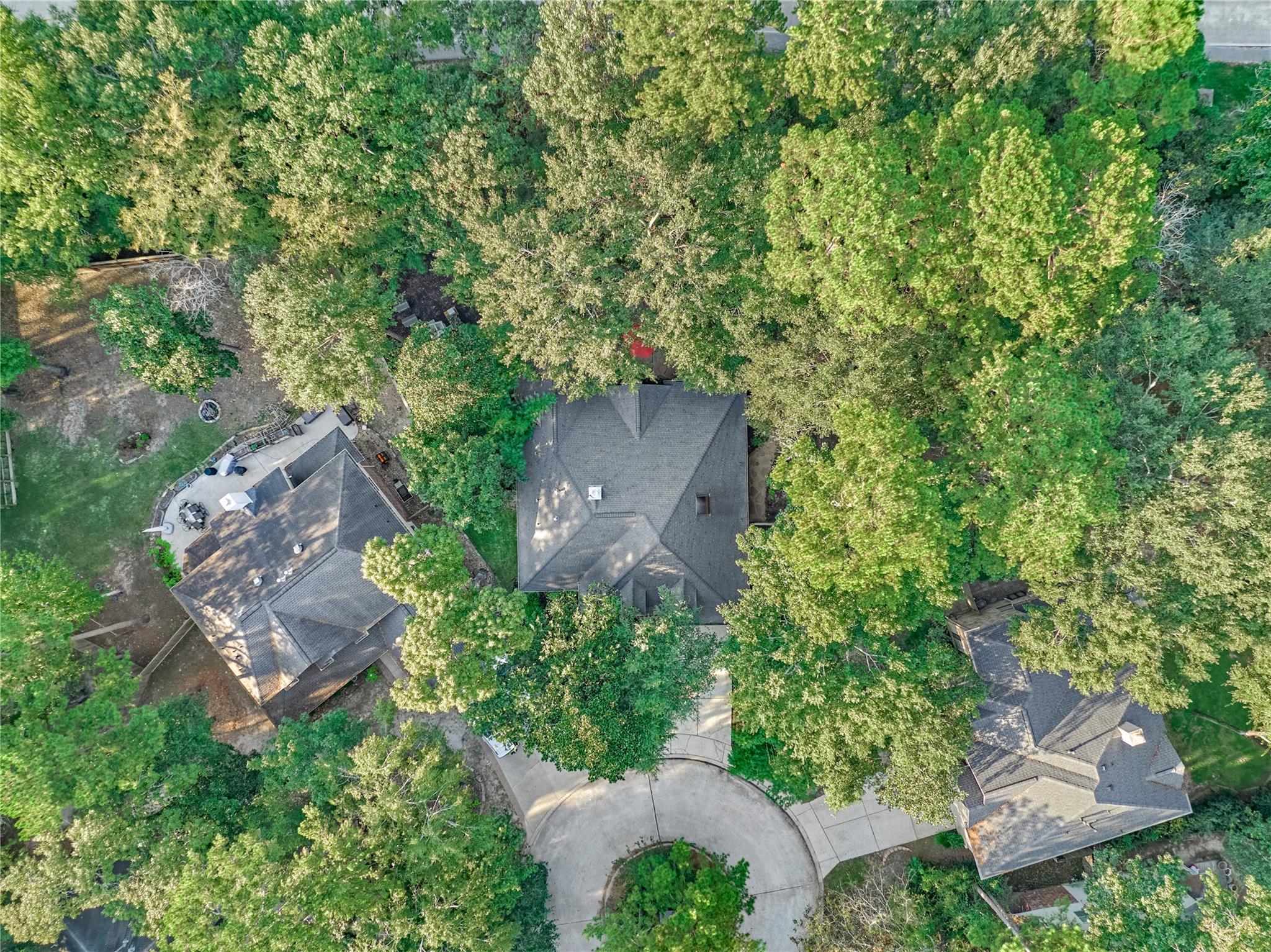 Aerial view of a tree-covered property on a cul-de-sac, with rooftops and a curved driveway.