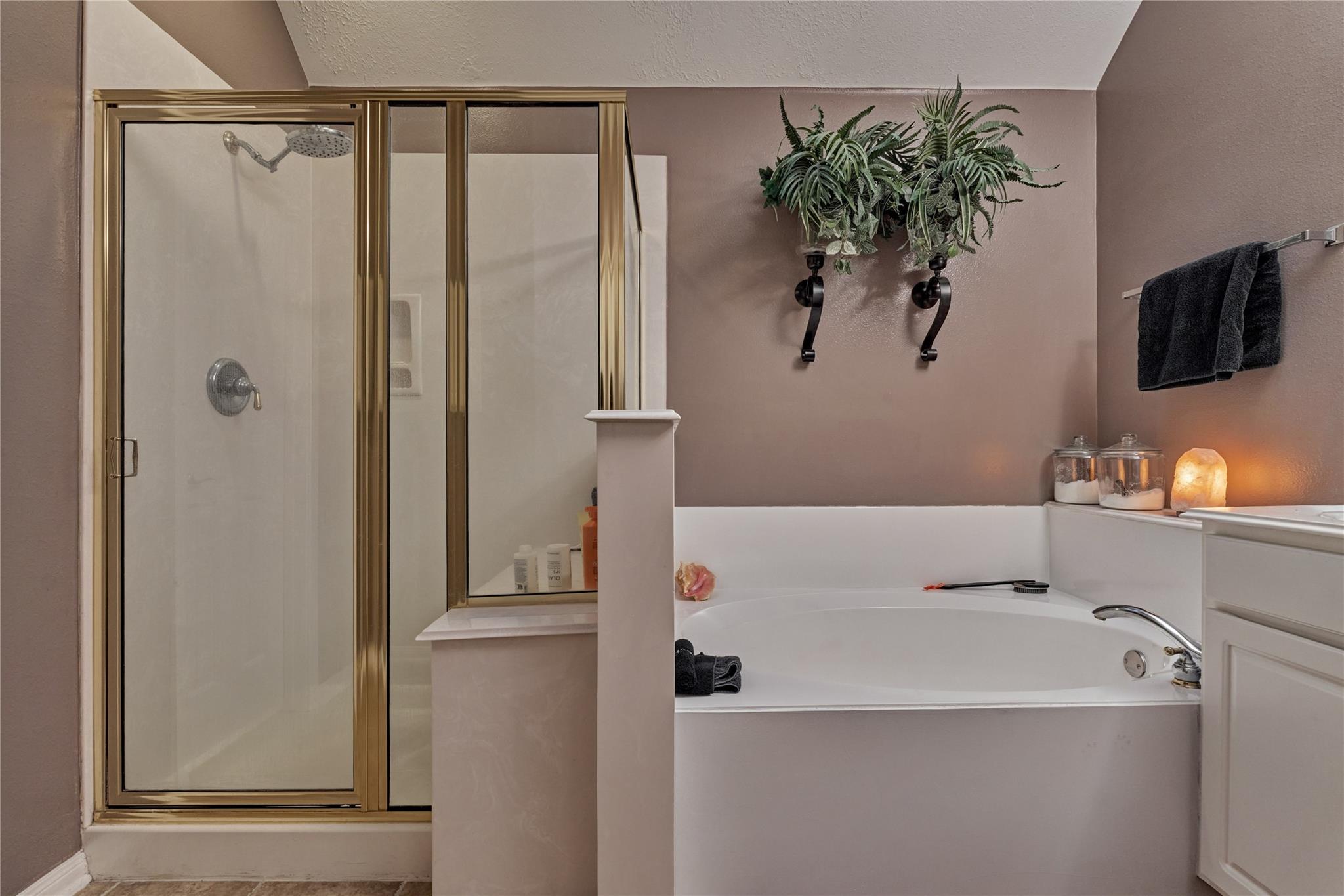 Bathroom with a built-in soaking tub beside a gold-framed glass shower.
