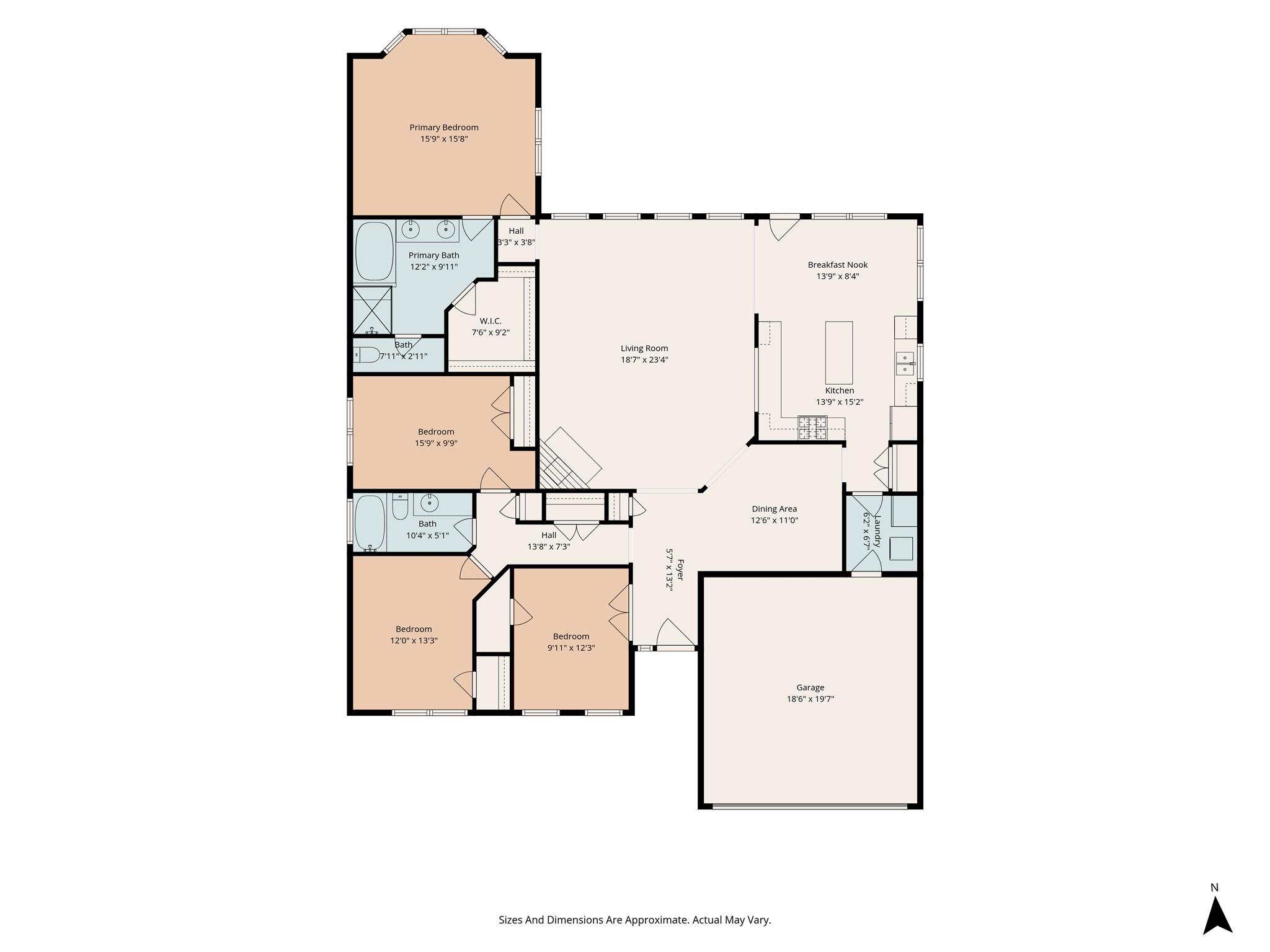 Floor plan with four bedrooms, open living and dining areas, kitchen, laundry, and attached garage.