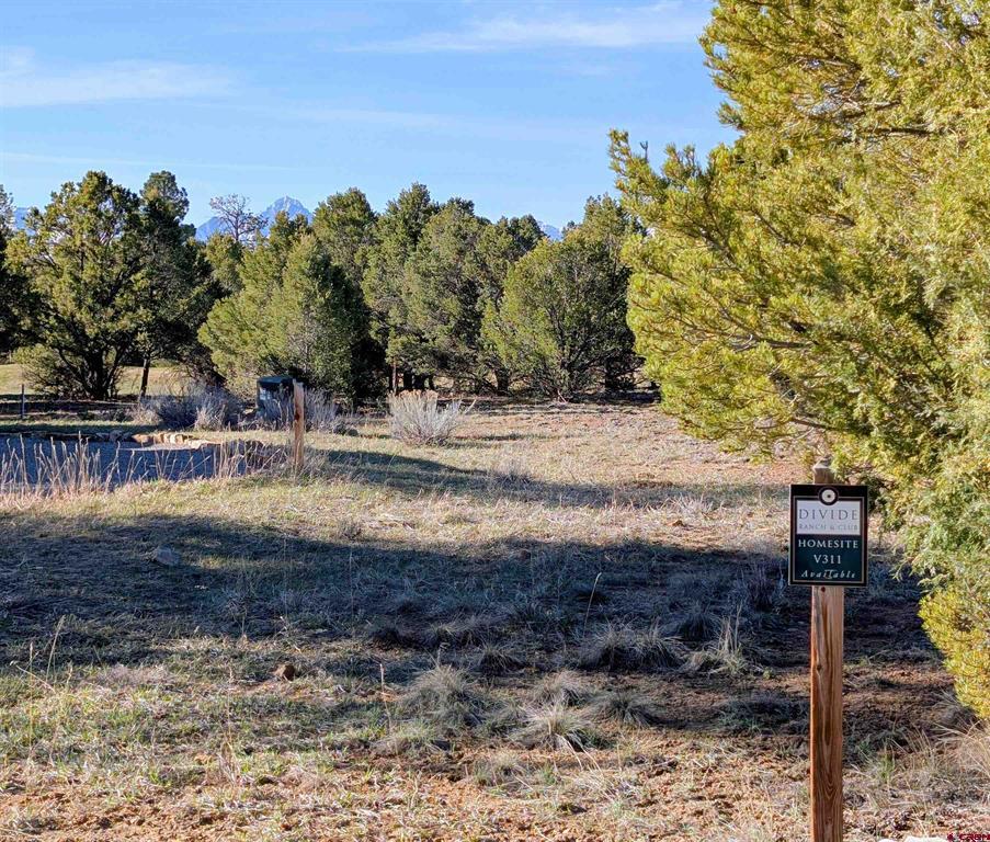 Vacant homesite with dry open ground, pine trees, distant mountain peaks, and a roadside property sign.