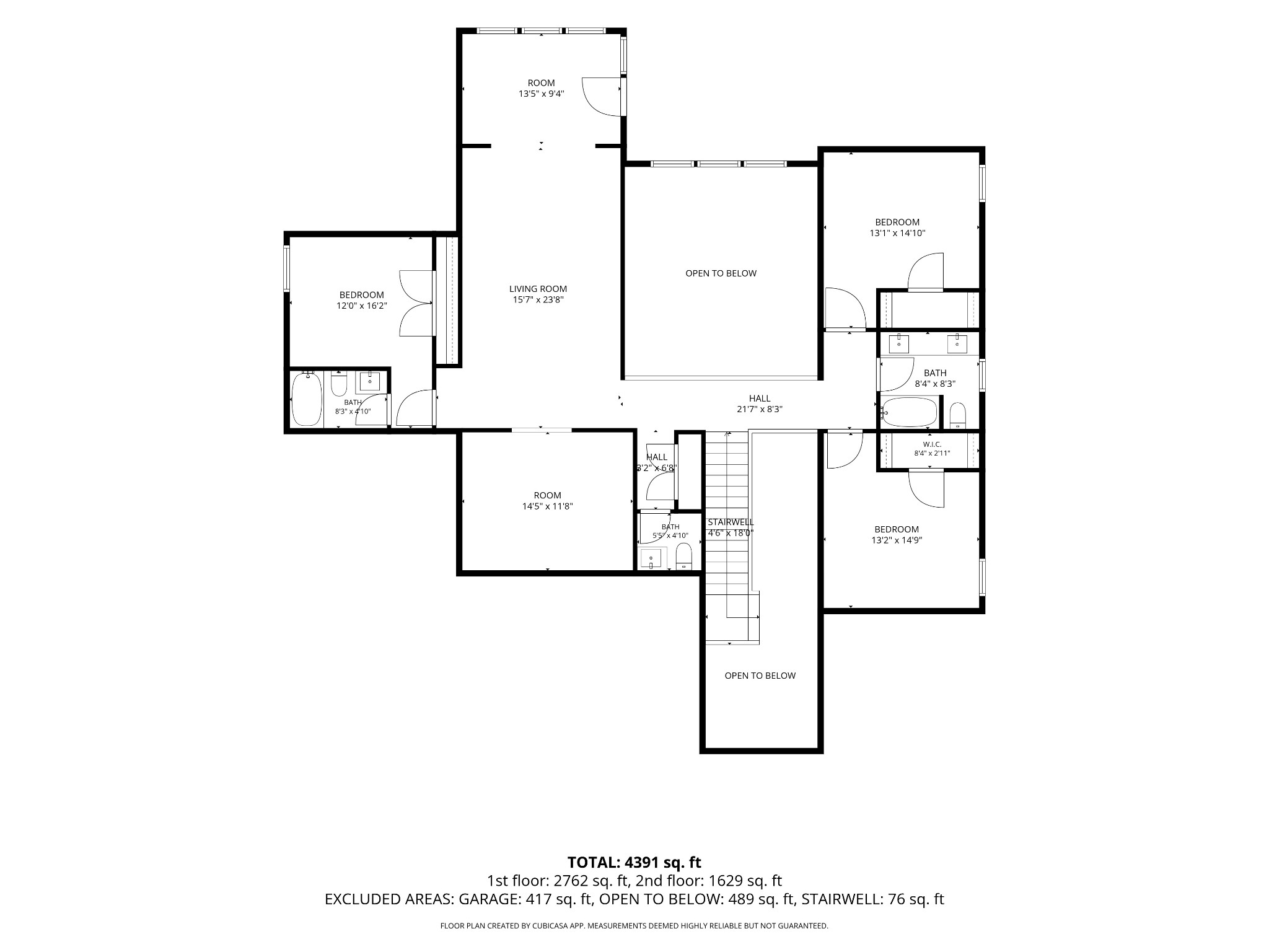 Two-story floor plan with bedrooms, bathrooms, stairwell, and 4,391 total square feet.