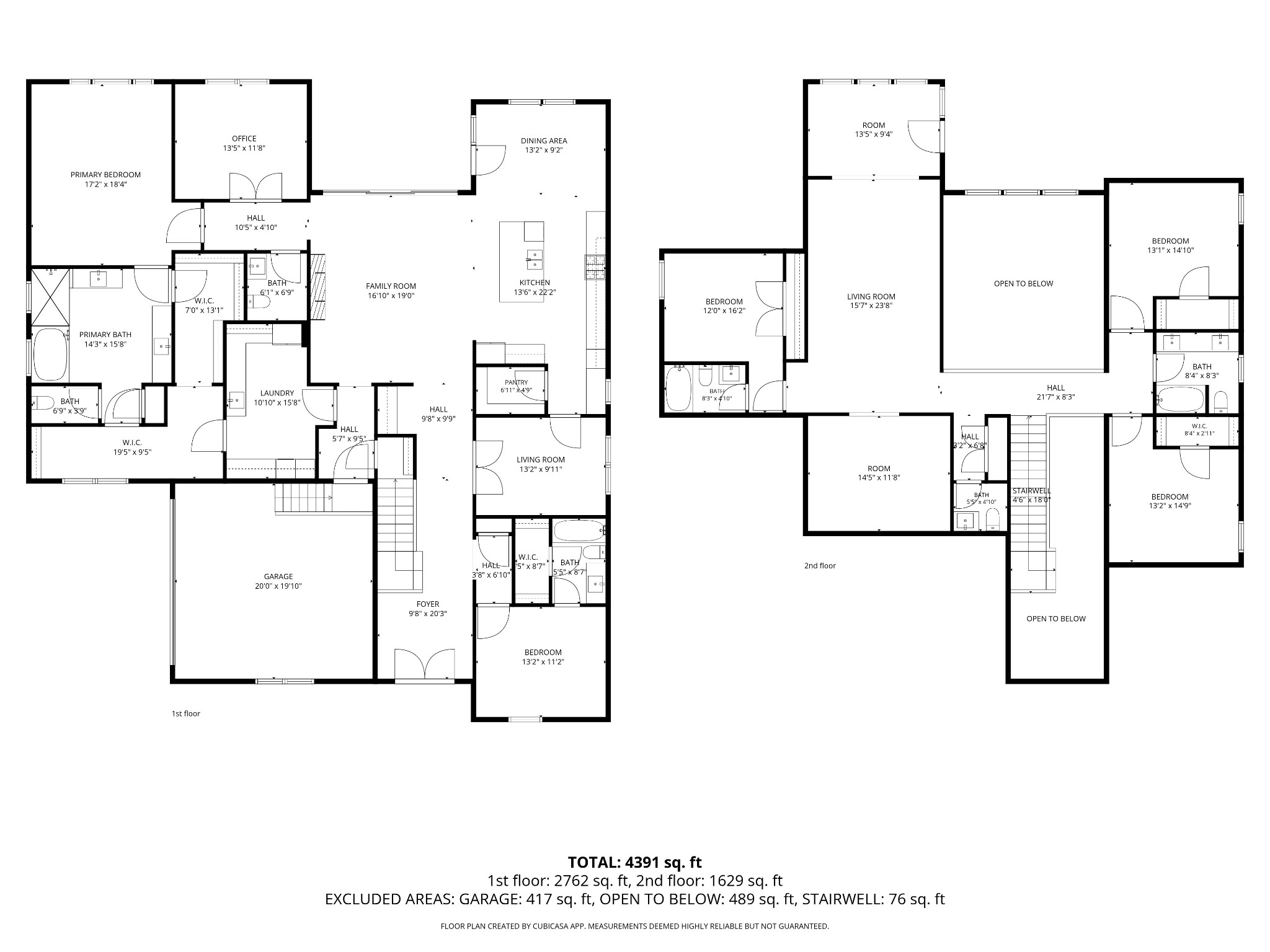 Two-story home floor plan with room labels, dimensions, open-to-below spaces, and a total area of 4,391 square feet.