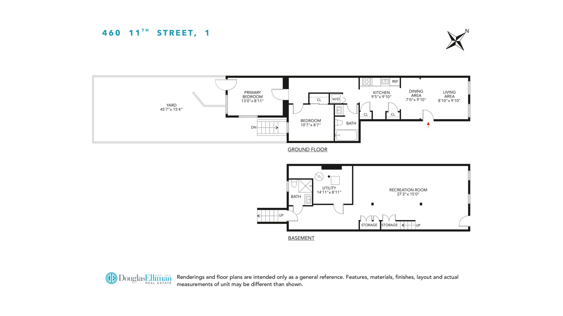Floor plan of 460 11th Street, 1, showing ground-floor rooms and yard above a basement recreation room.