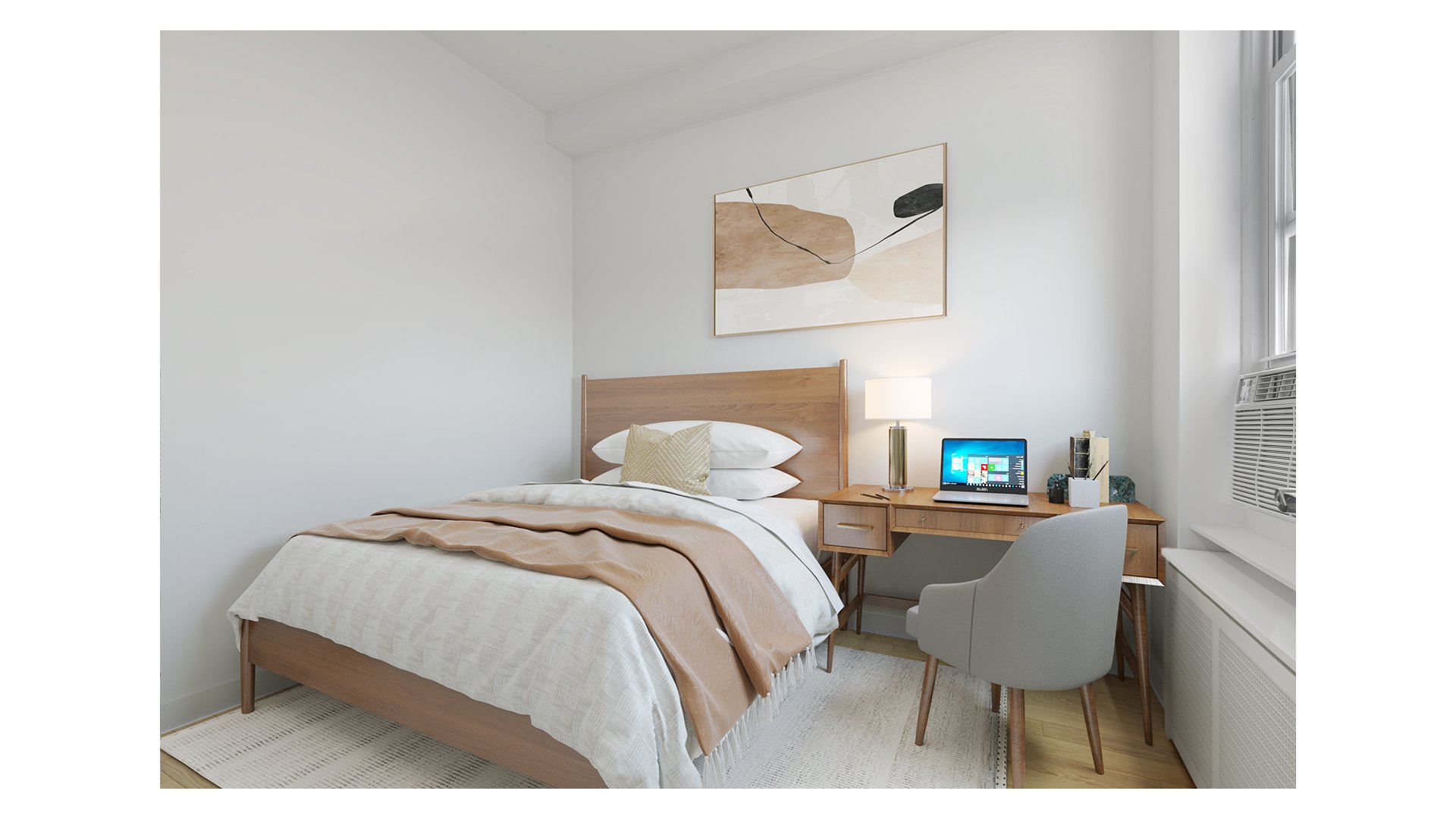 Bright bedroom with a wood-framed bed, abstract artwork, and a desk beside a large window.