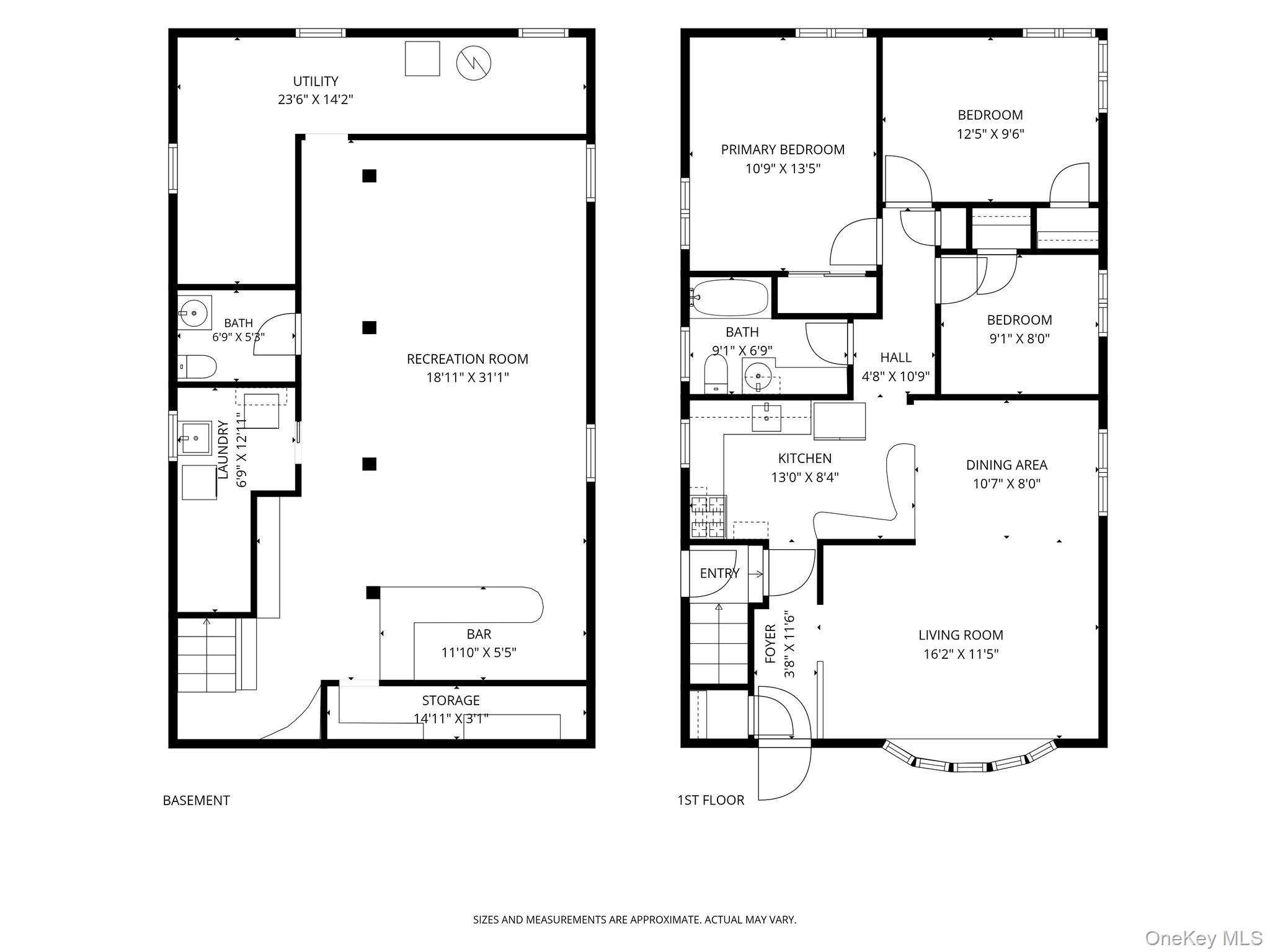 Two-level floor plan showing three bedrooms and living spaces upstairs, with a recreation room, bar, and utility spaces downstairs.