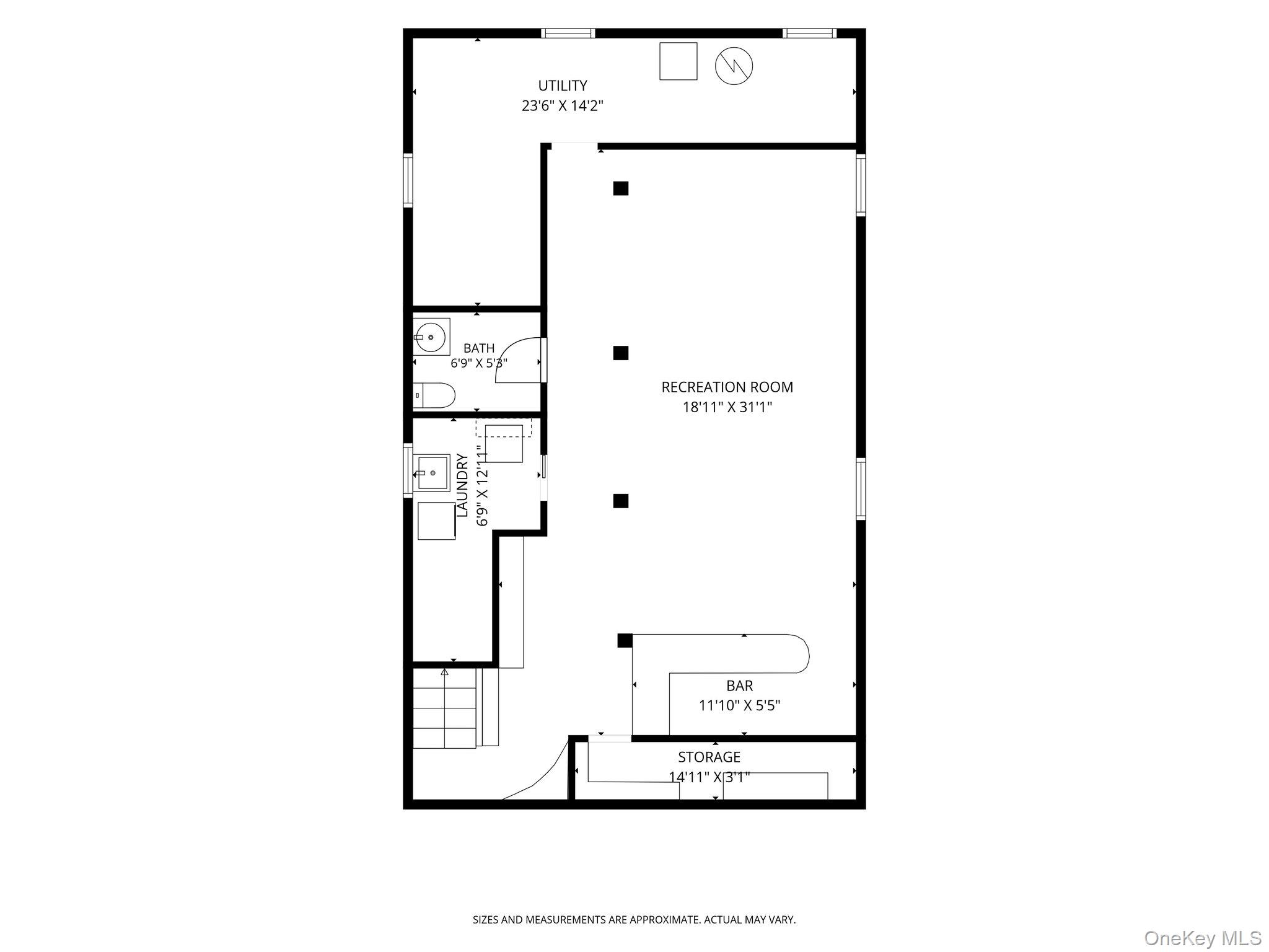 Basement floor plan with a large recreation room, bar, utility room, bath, laundry area, storage, and stairs.