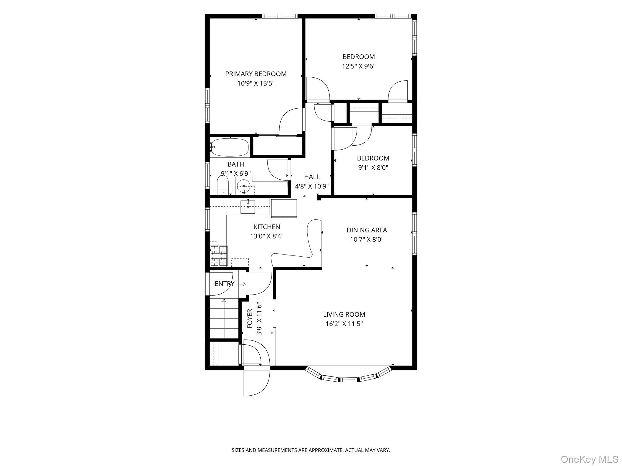 Floor plan showing three bedrooms, one bath, kitchen, dining area, and living room.