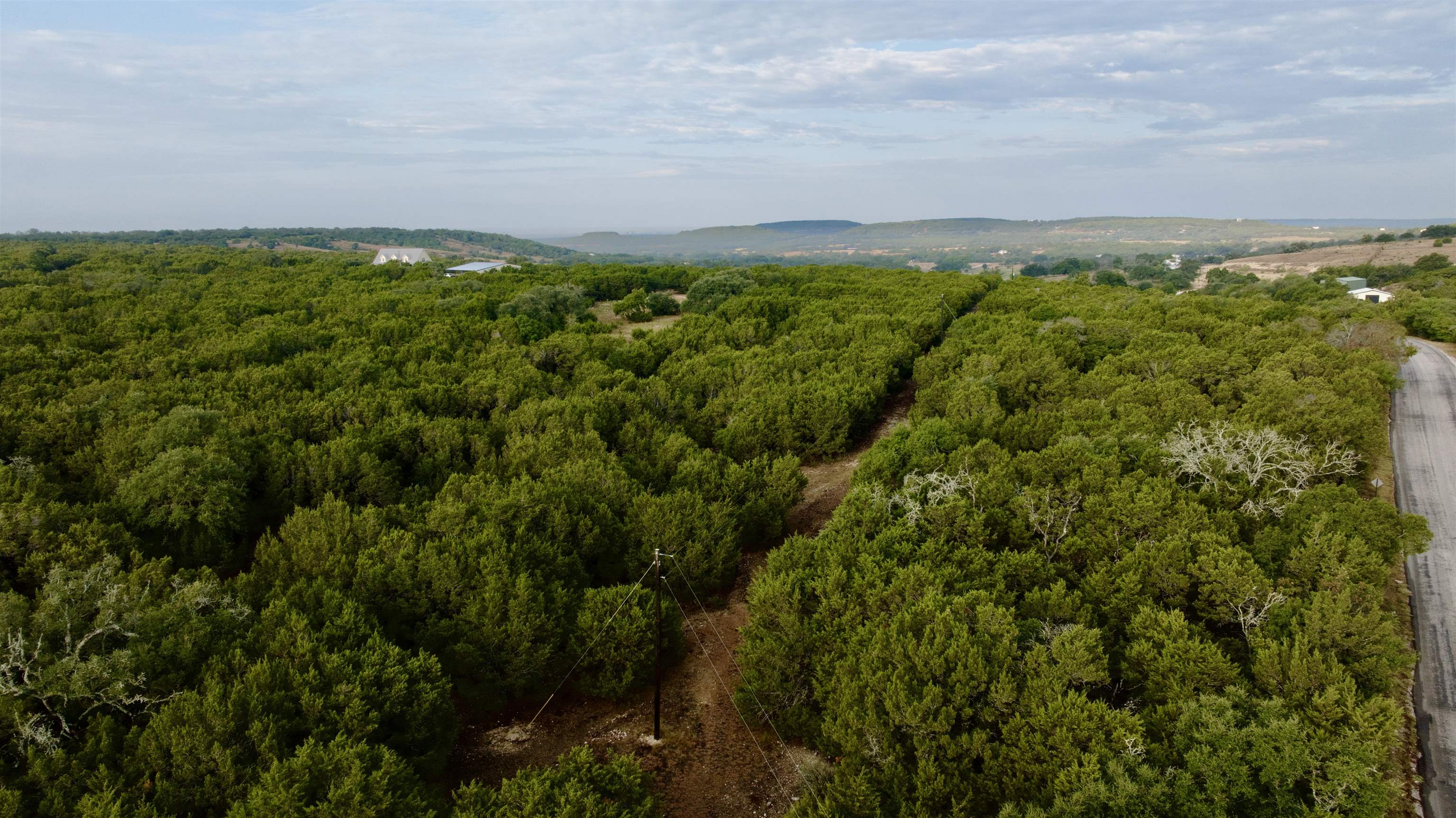 Aerial view of wooded acreage with a cleared utility corridor and paved road along its edge.