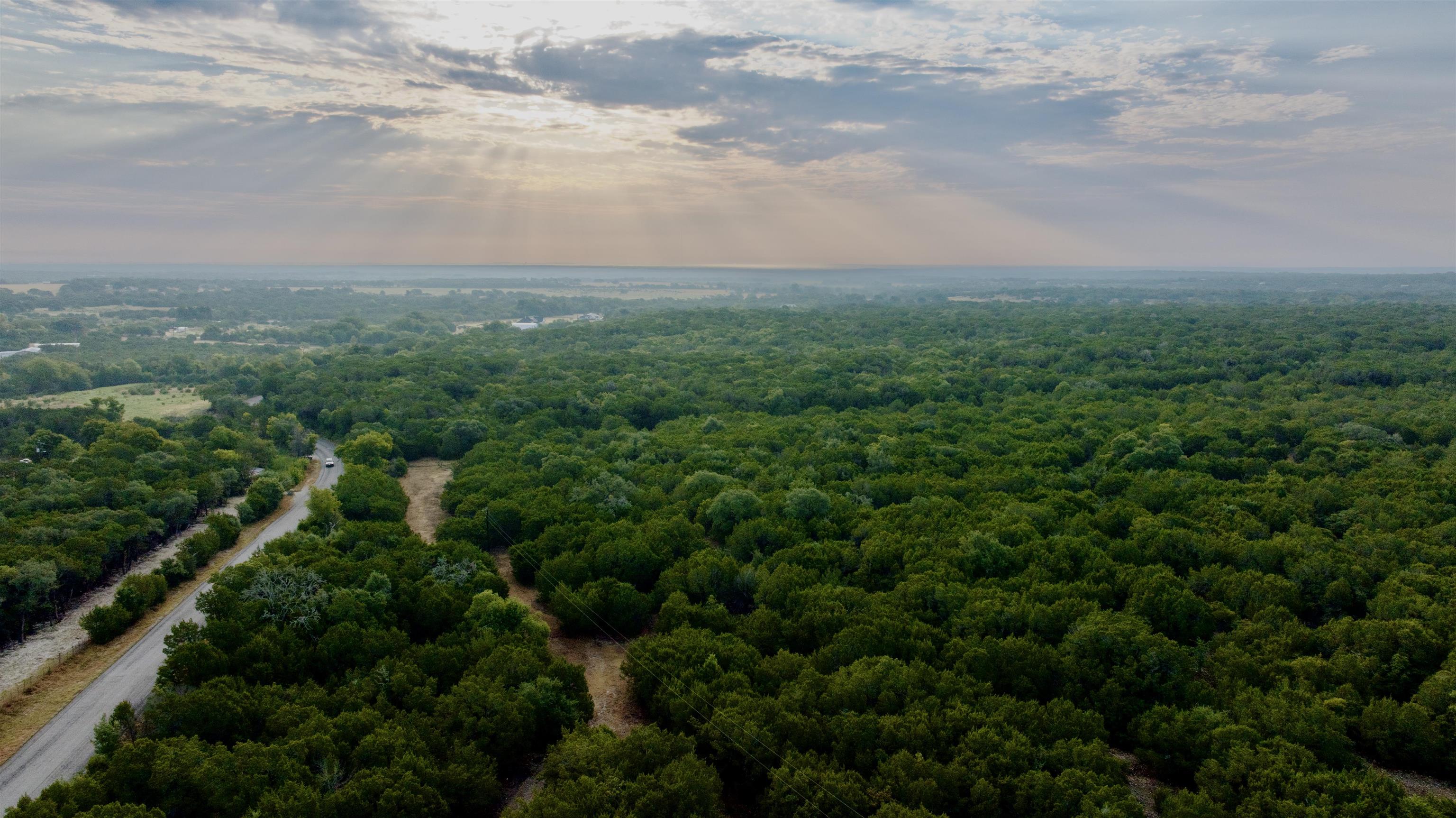 Aerial view of dense woodland crossed by a winding paved road beneath a cloudy sky.