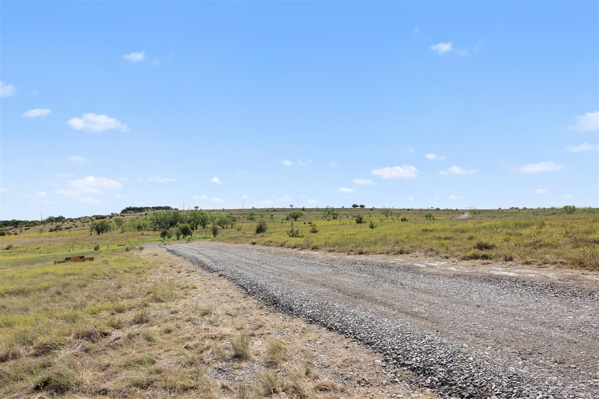Open rural lot with a gravel access road, grasses, and scattered low trees.