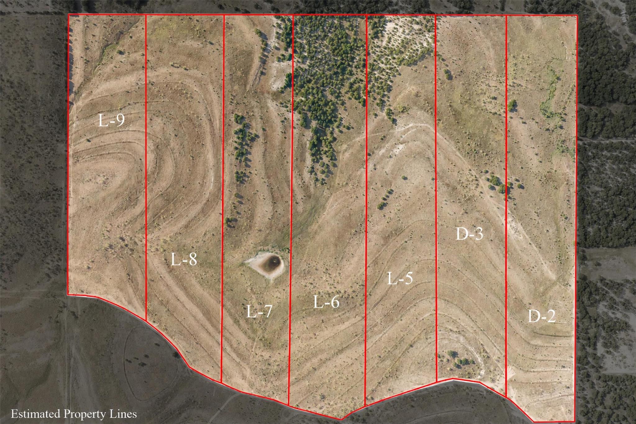 Aerial view of the D-3 land parcel outlined in red among neighboring rural lots.