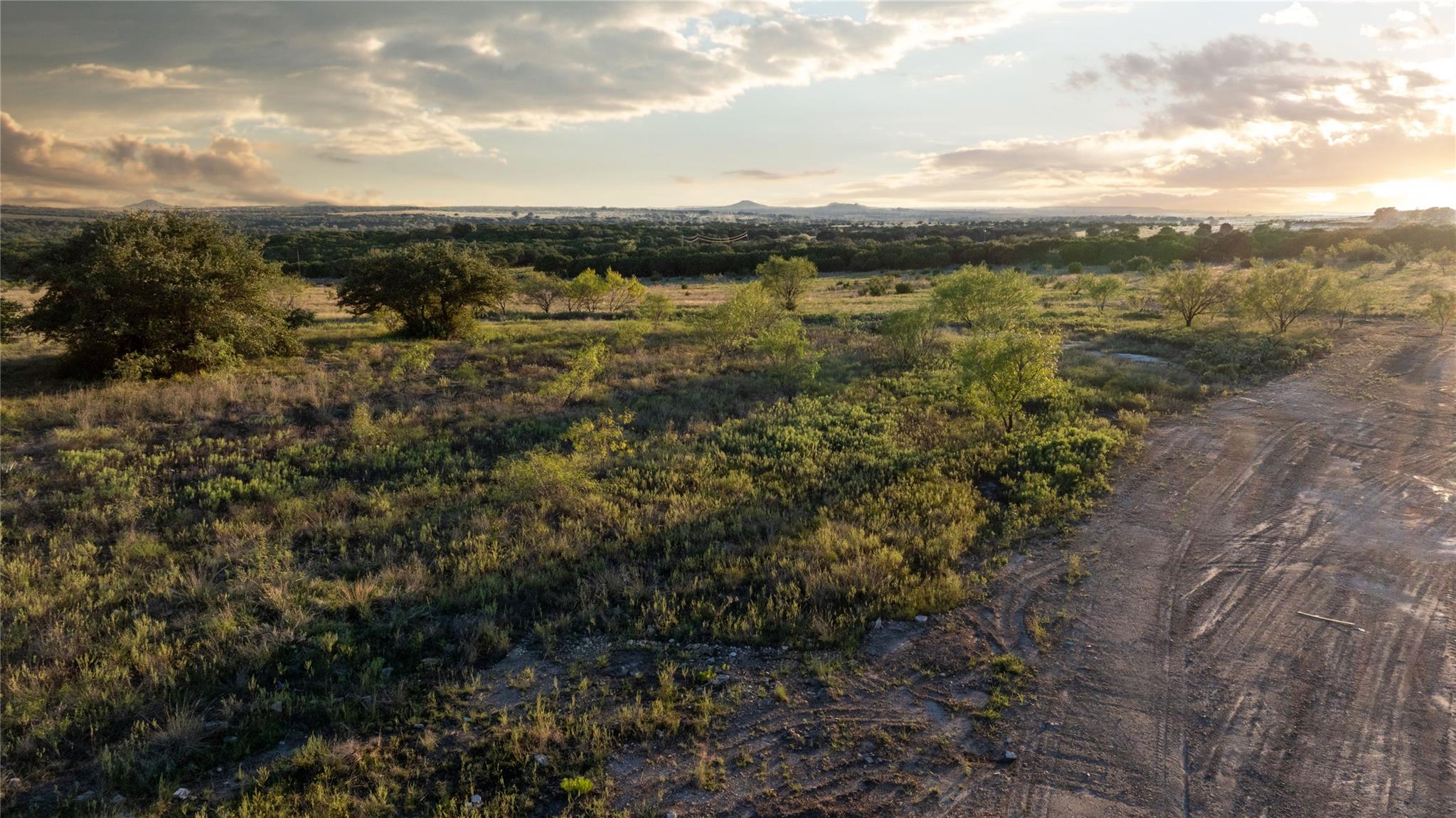 Brush-covered rural lot with scattered trees, a dirt track, and distant low hills at sunset.