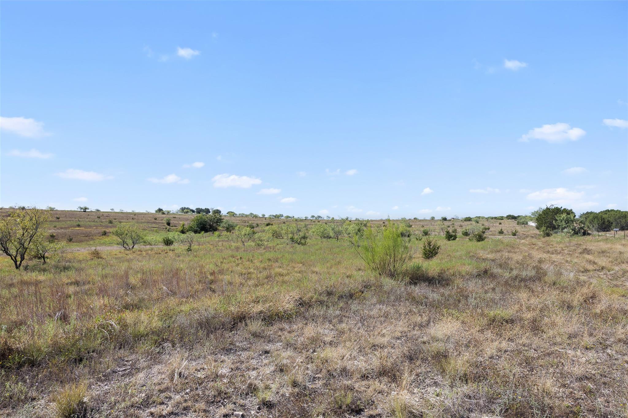 Undeveloped rural lot with dry grasses, scattered shrubs, and small trees under a blue sky.