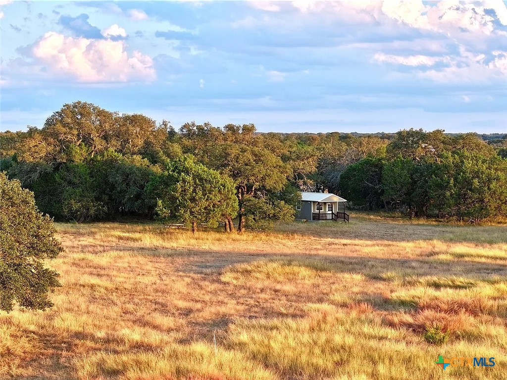 Small cabin set among trees beyond a sunlit open field.