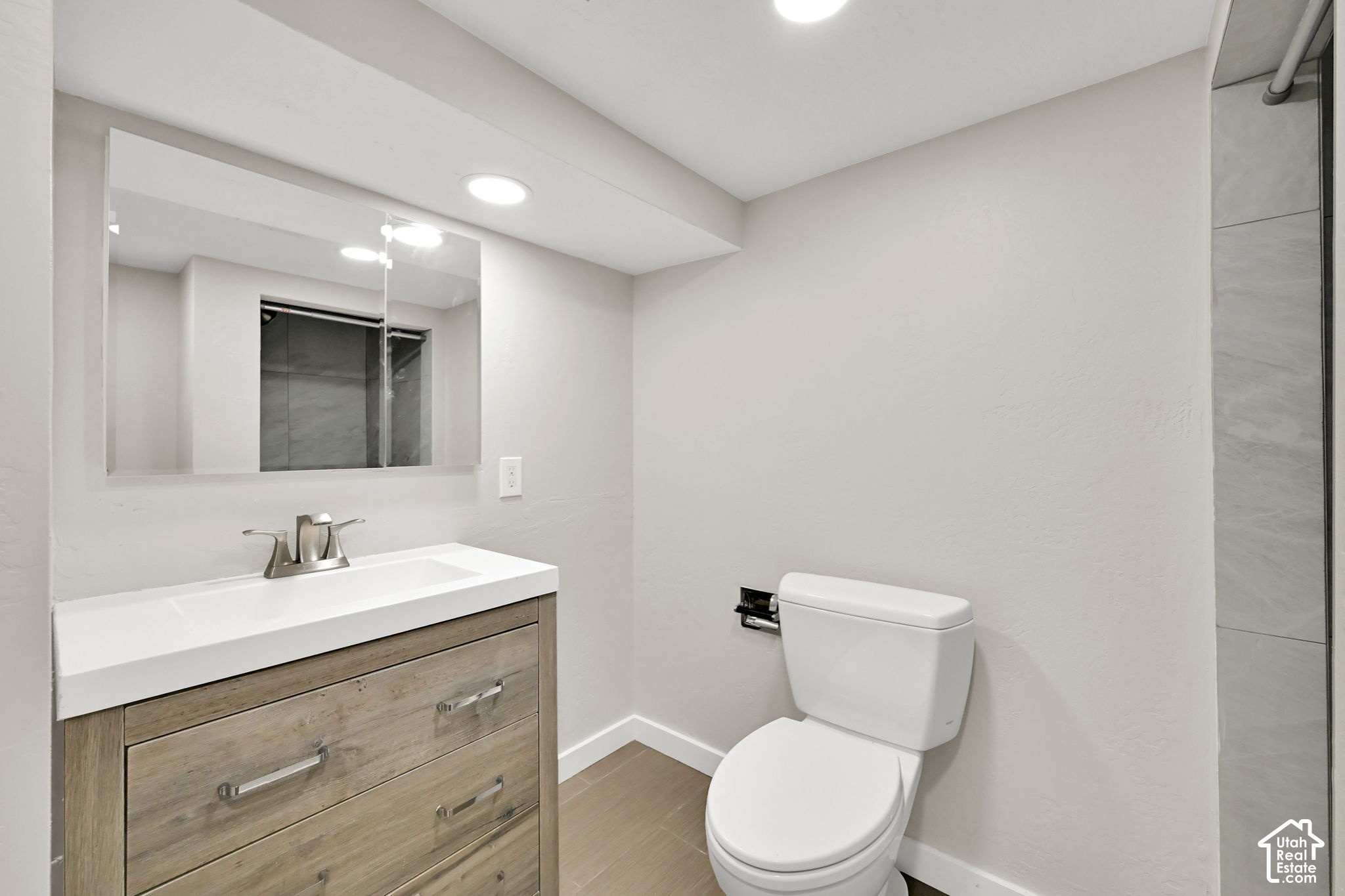 Bathroom with a wood-grain vanity, large mirror, and white toilet.