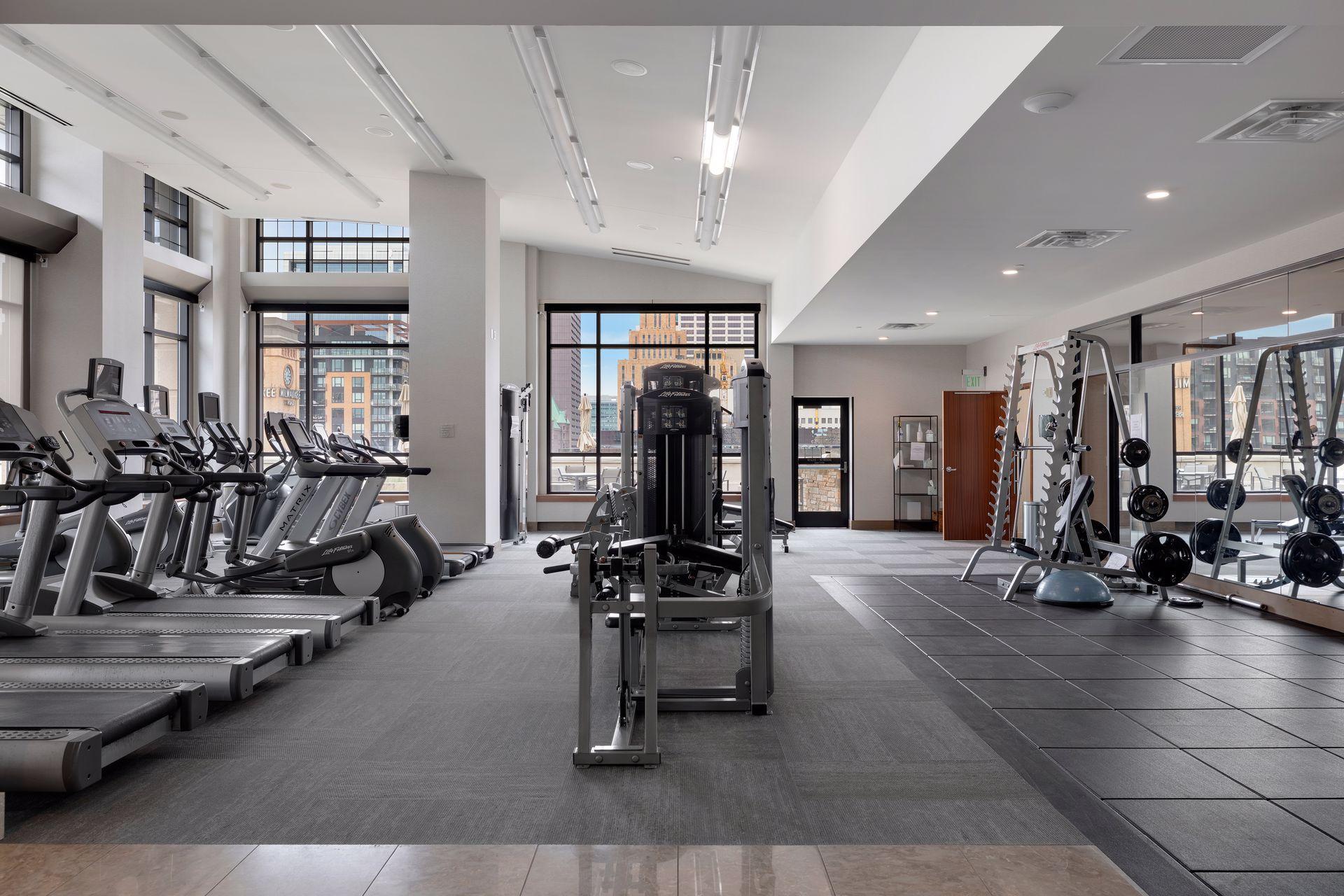 Condominium fitness center with treadmills, weight machines, free weights, and downtown views through large windows.