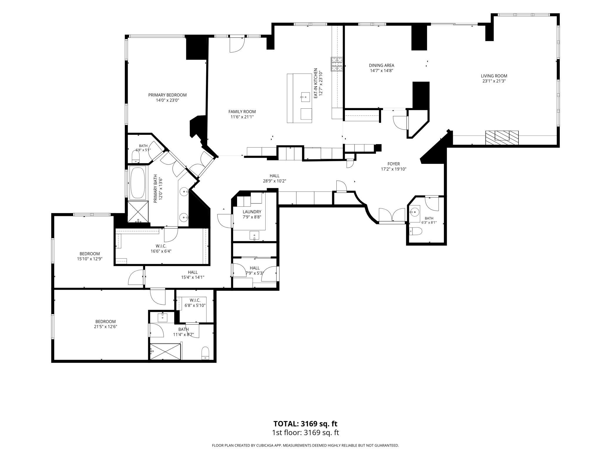 Floor plan showing three bedrooms, multiple bathrooms, and open living, dining, and kitchen areas.