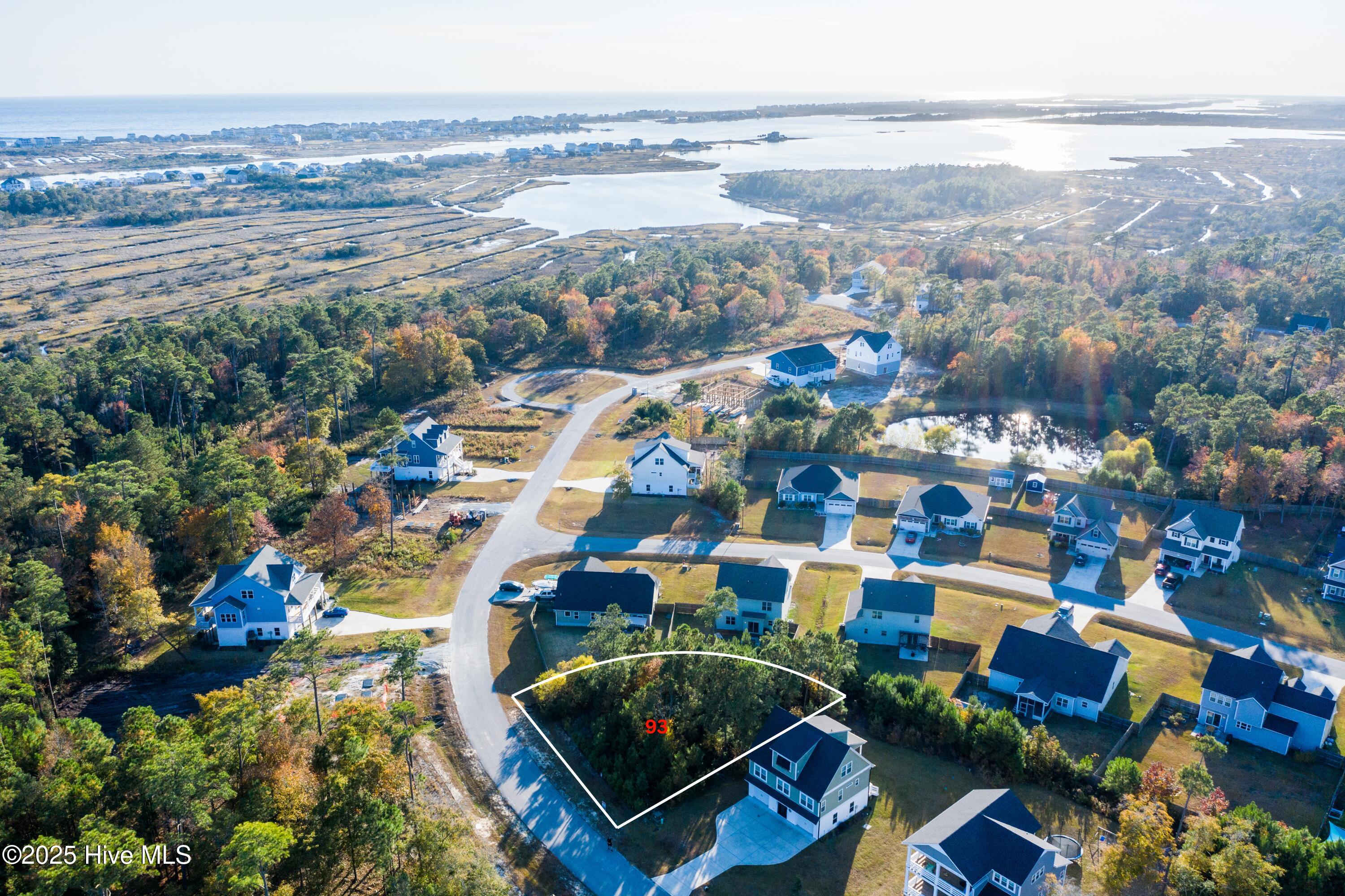 Aerial view of wooded lot 93 outlined beside homes, with marshes and water beyond.