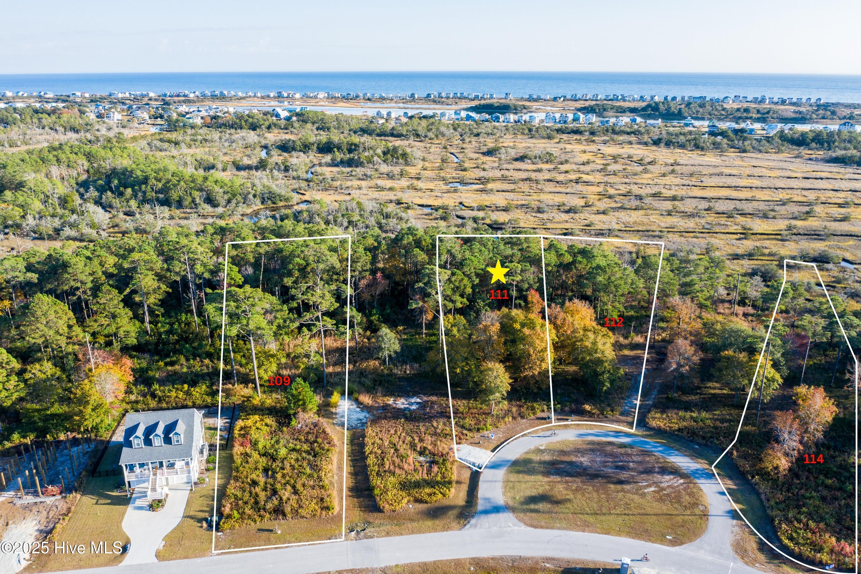 Aerial view of wooded lot 111 outlined beside a curved road, with marshland and ocean beyond.