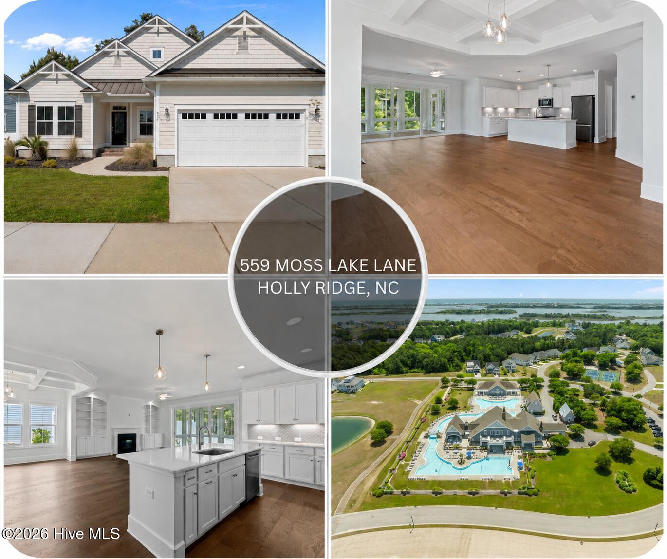 Holly Ridge home with a light-colored exterior, bright open-plan kitchen, and aerial view of a community pool.