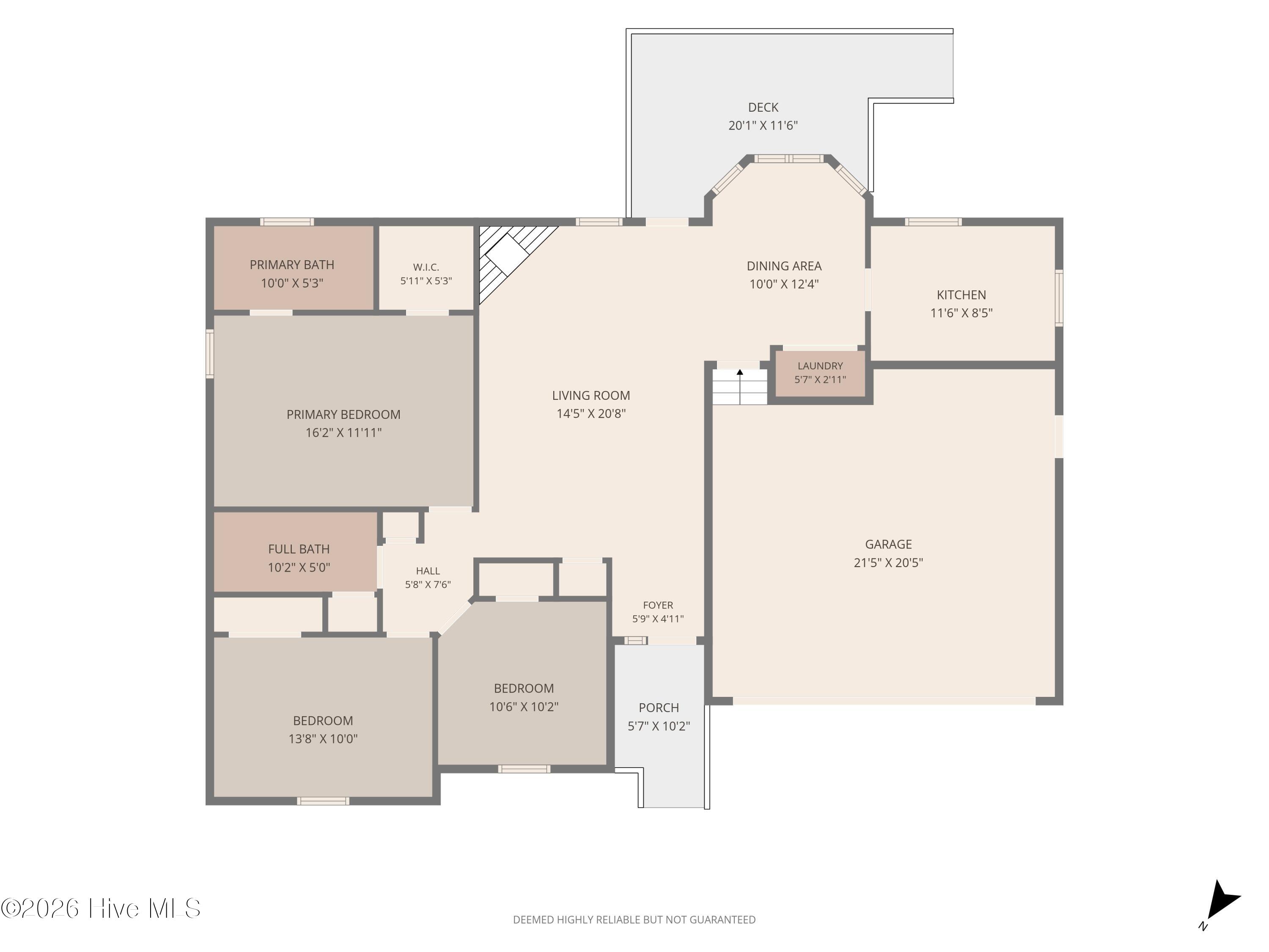 Floor plan with three bedrooms, two bathrooms, an open living and dining area, garage, porch, and deck.