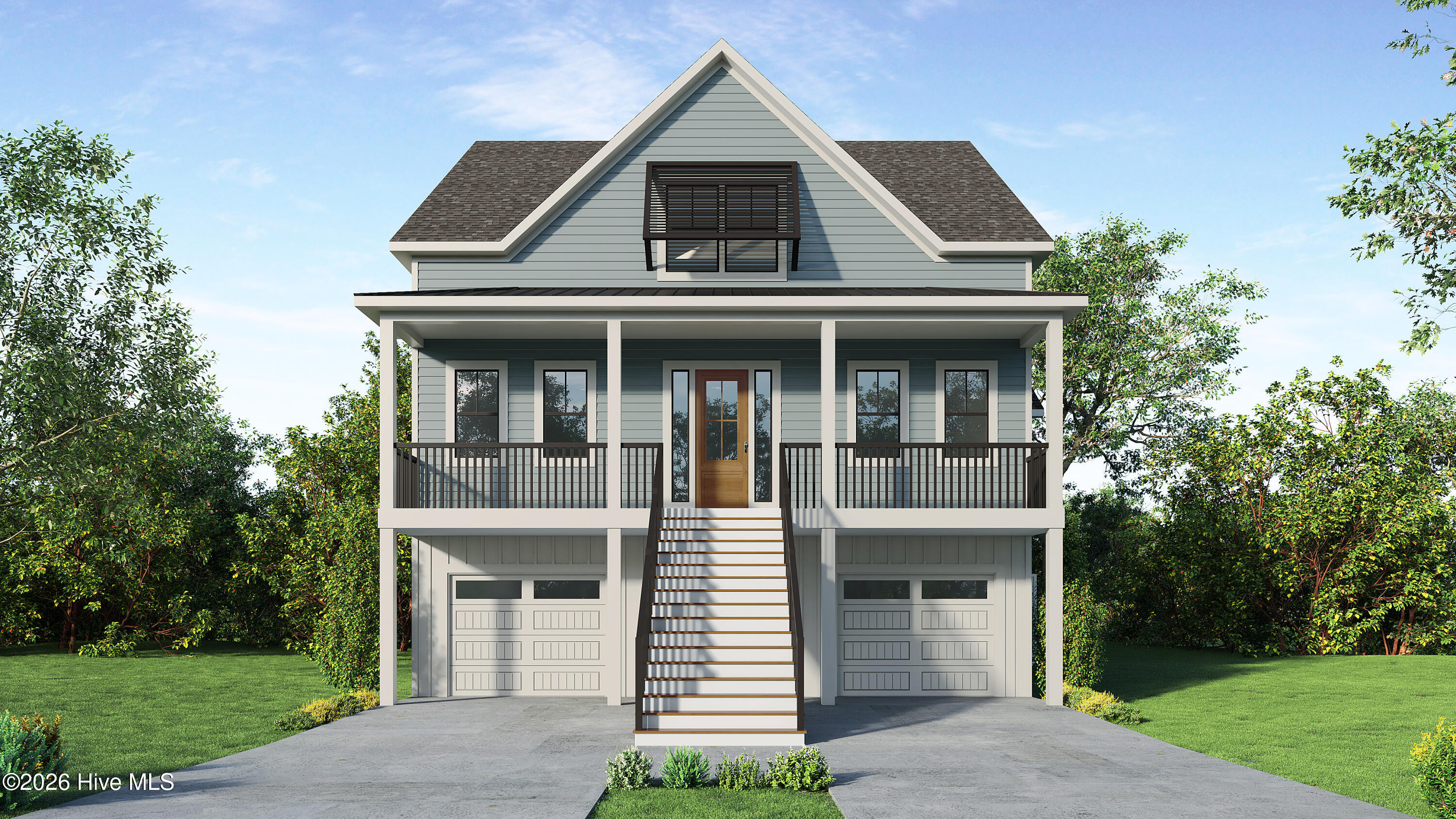 Rendered gray raised house with a covered porch, central staircase, and two garage doors.