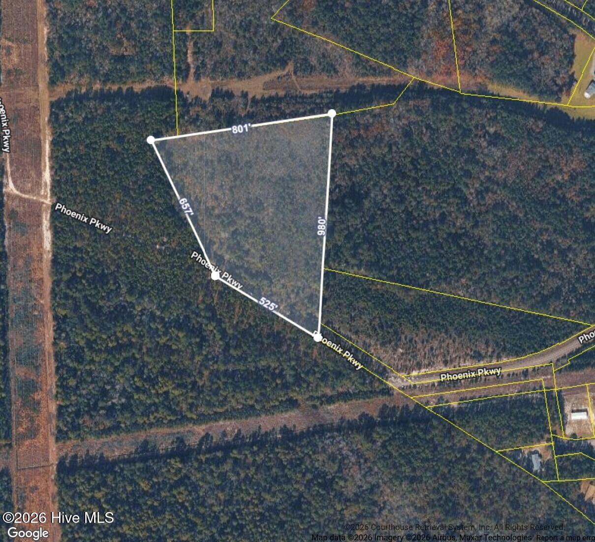 Wooded parcel along Phoenix Parkway outlined on an aerial map with boundary measurements.