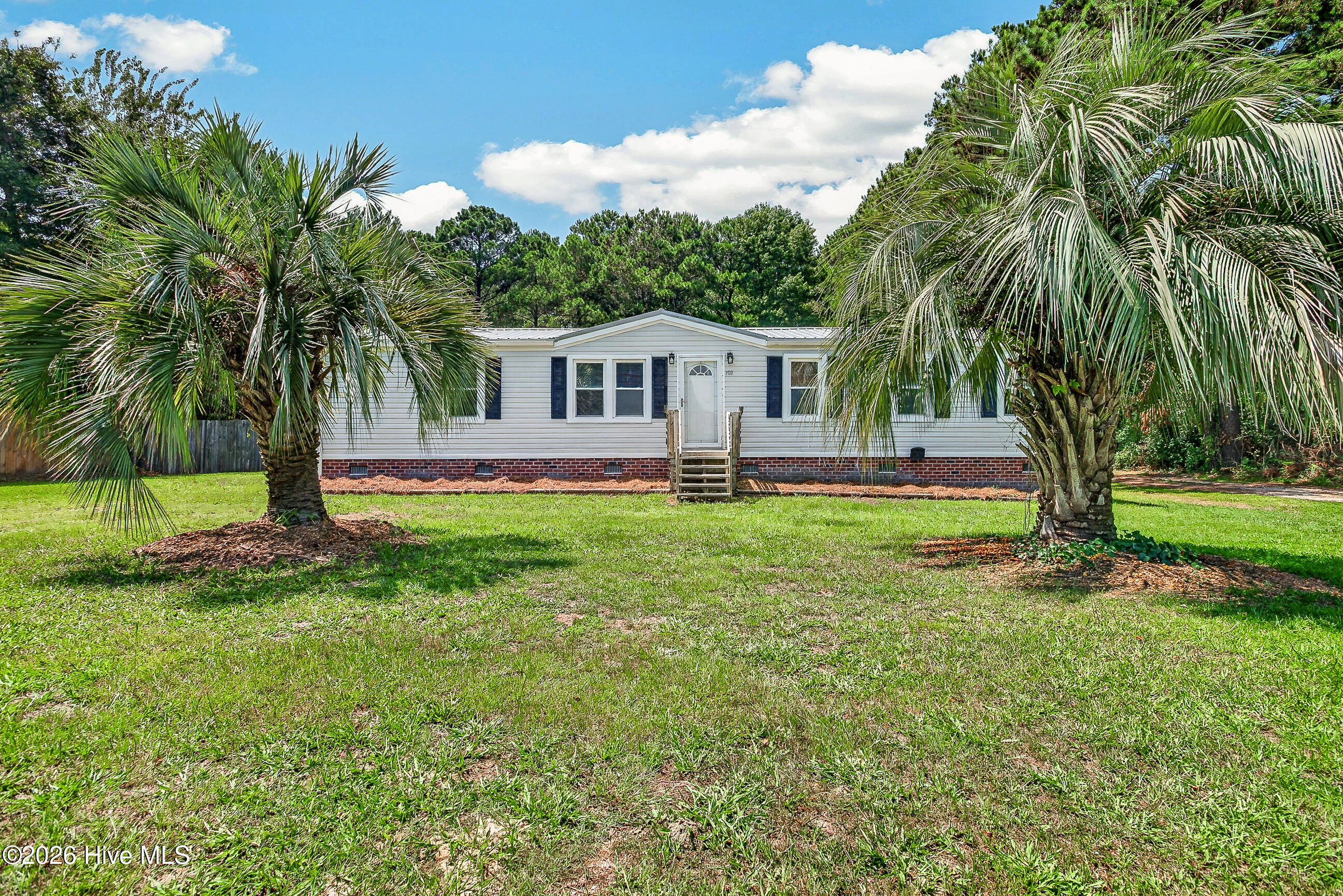White single-story home framed by two palm trees, with a broad front lawn.