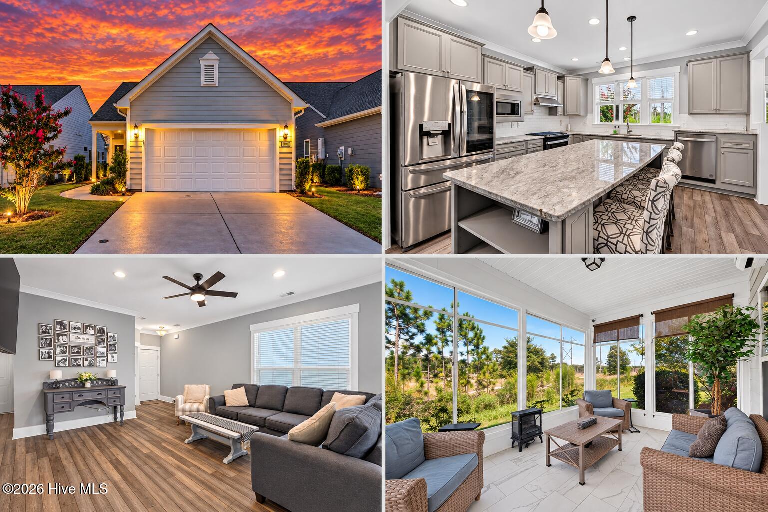 Home collage with sunset exterior, marble-island kitchen, furnished living room, and windowed sunroom.