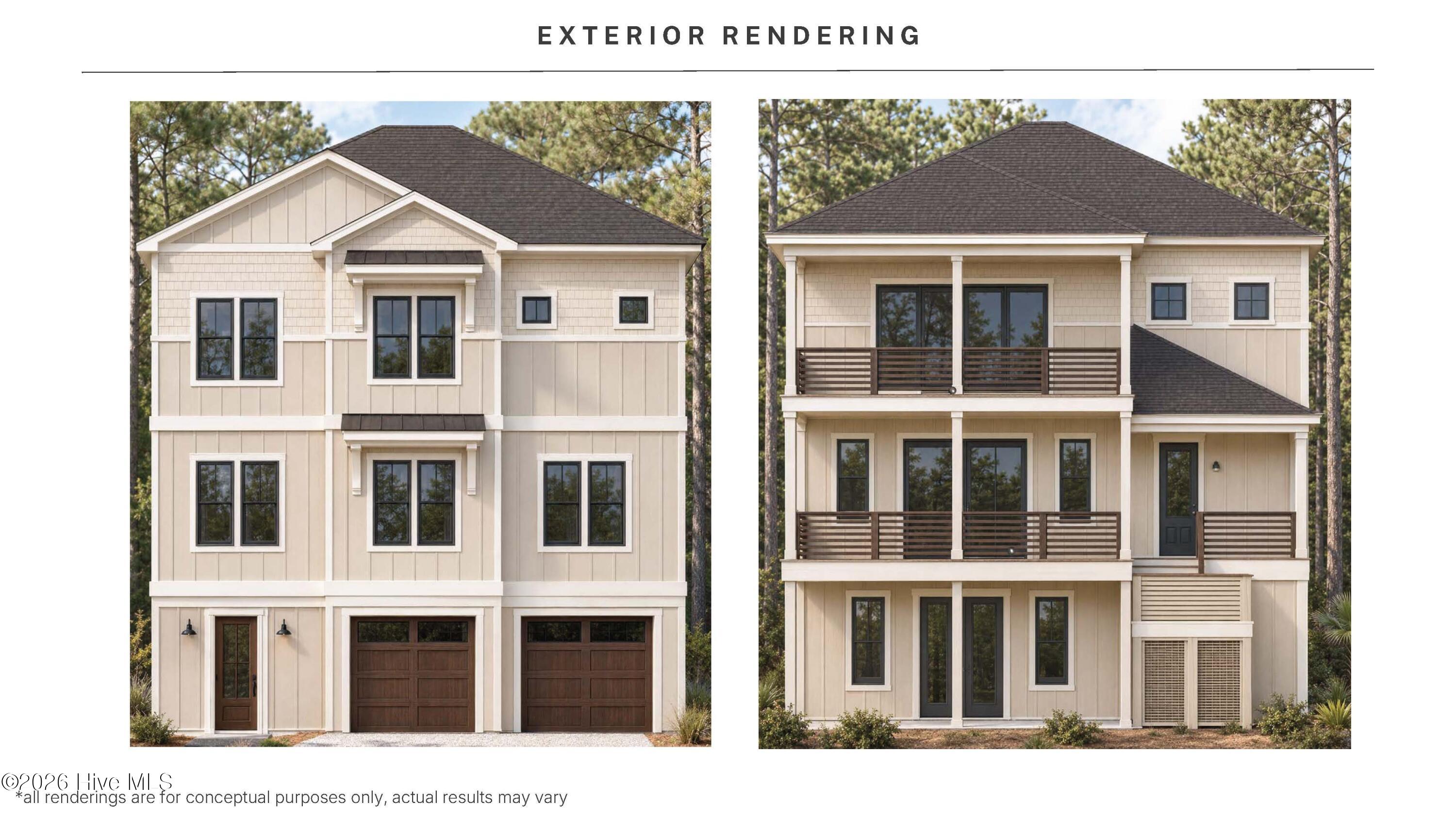 Exterior renderings of a three-story cream home with two garage doors and stacked rear balconies.