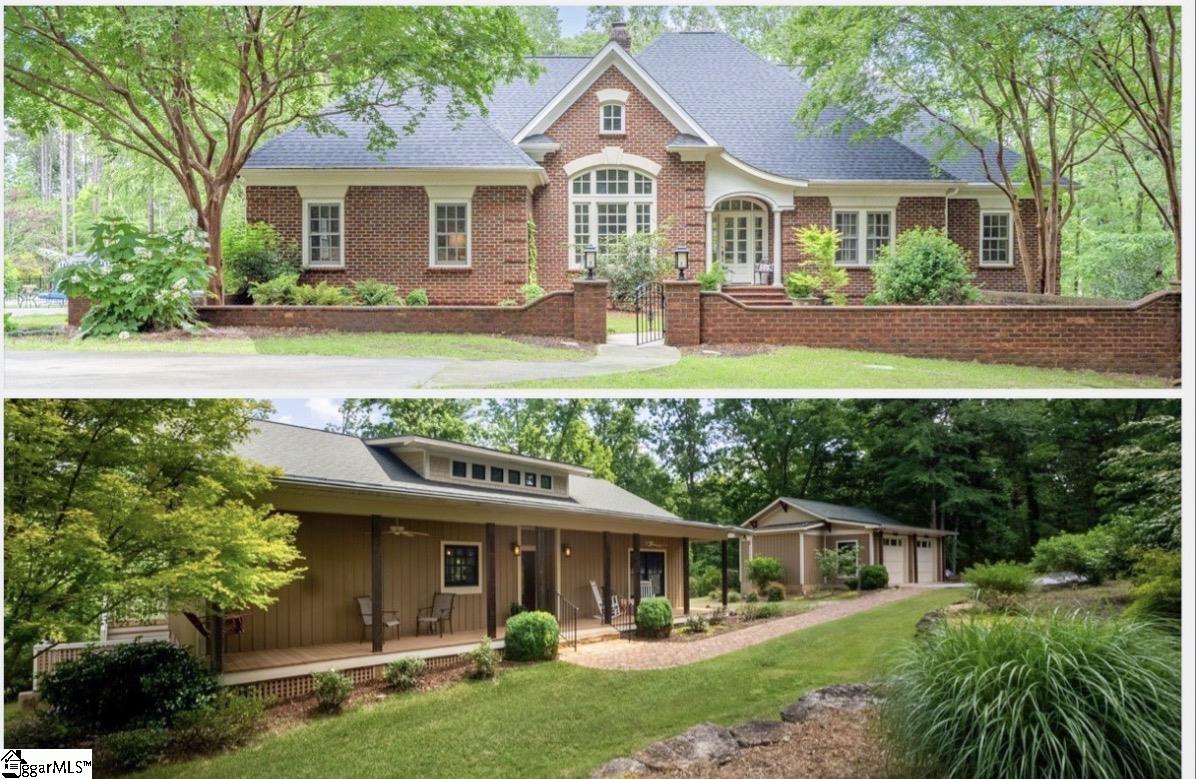 Two home exteriors: a red-brick house and a brown home with a covered porch.
