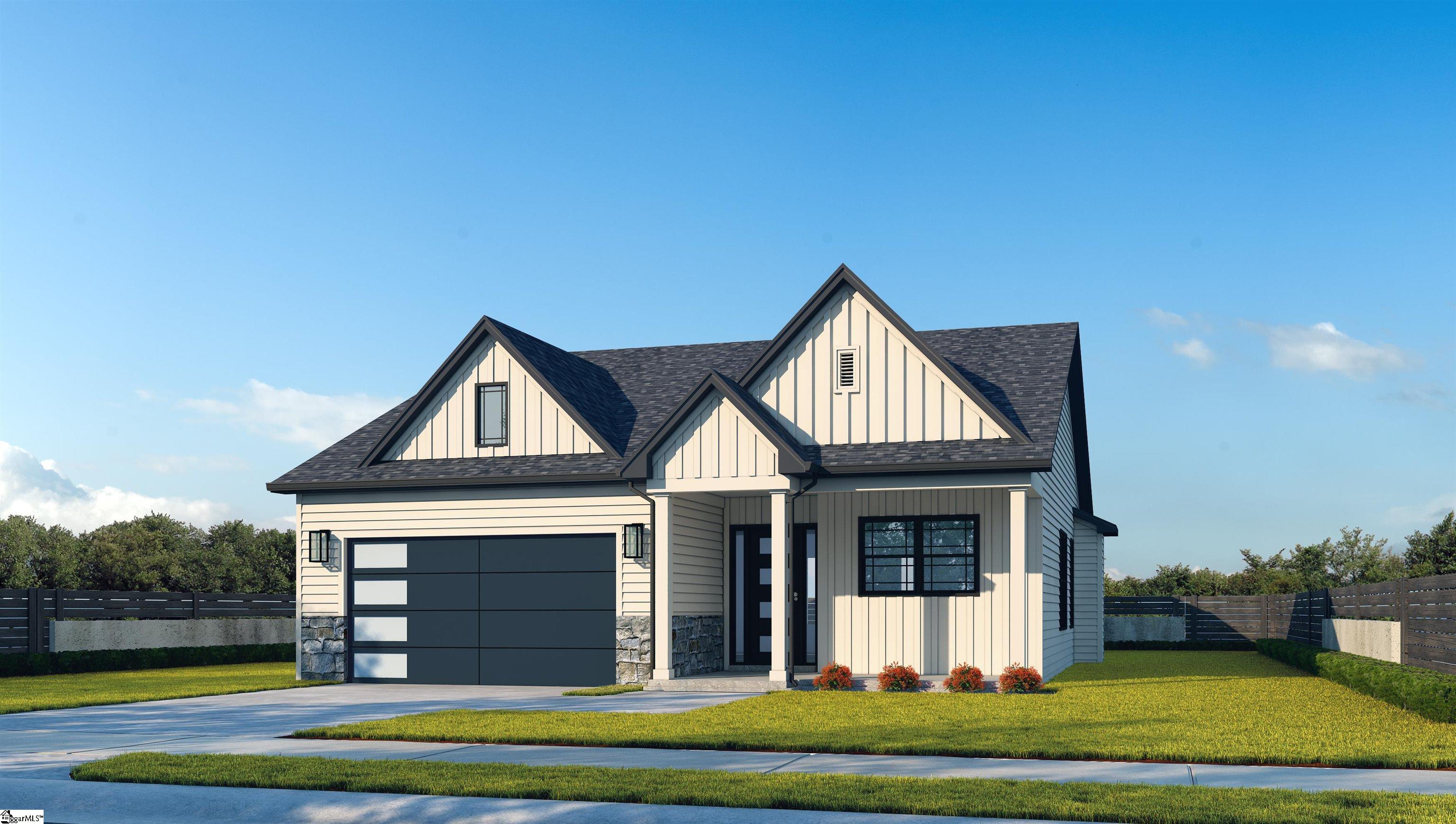Cream-sided home with multiple gables, a dark double garage door, and stone accents.