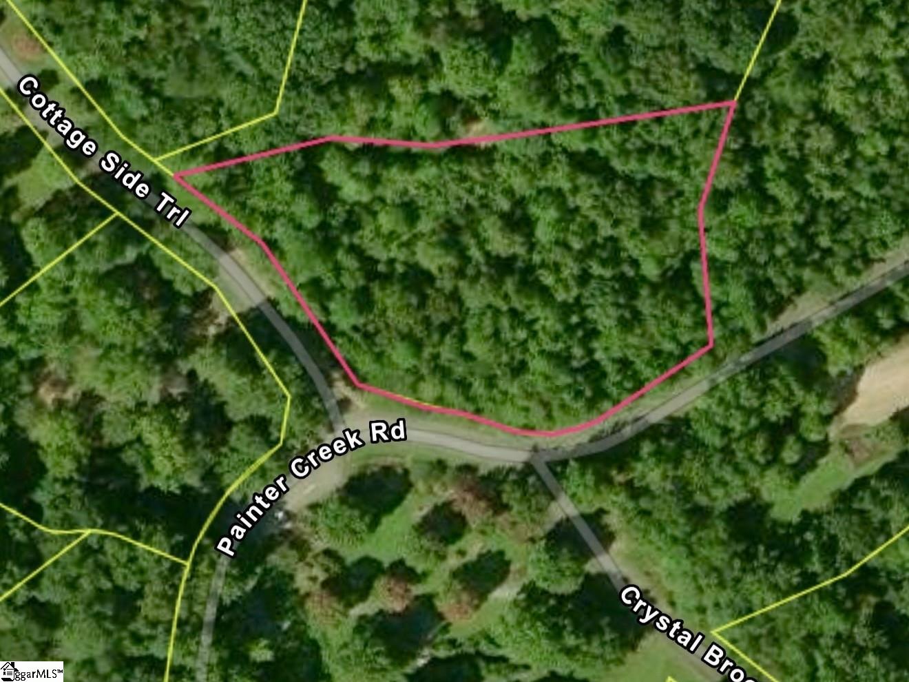 Wooded parcel outlined in pink beside Cottage Side Trail and Painter Creek Road.