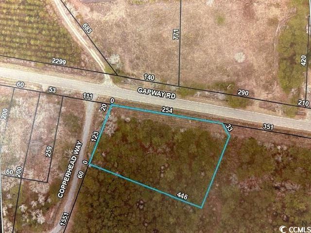 Aerial parcel map marking a wooded lot along Gapway Road and Copperhead Way.