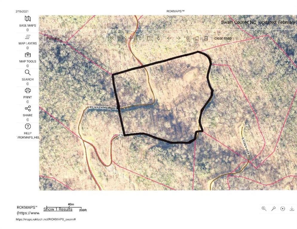 Aerial parcel map showing a black-outlined property near Persimmon Way in Swain County, North Carolina.