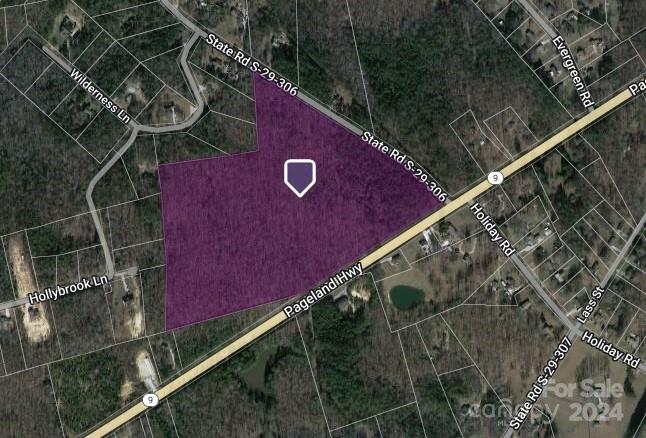 Map of a purple-highlighted wooded parcel along Pageland Highway, marked with a white pin.